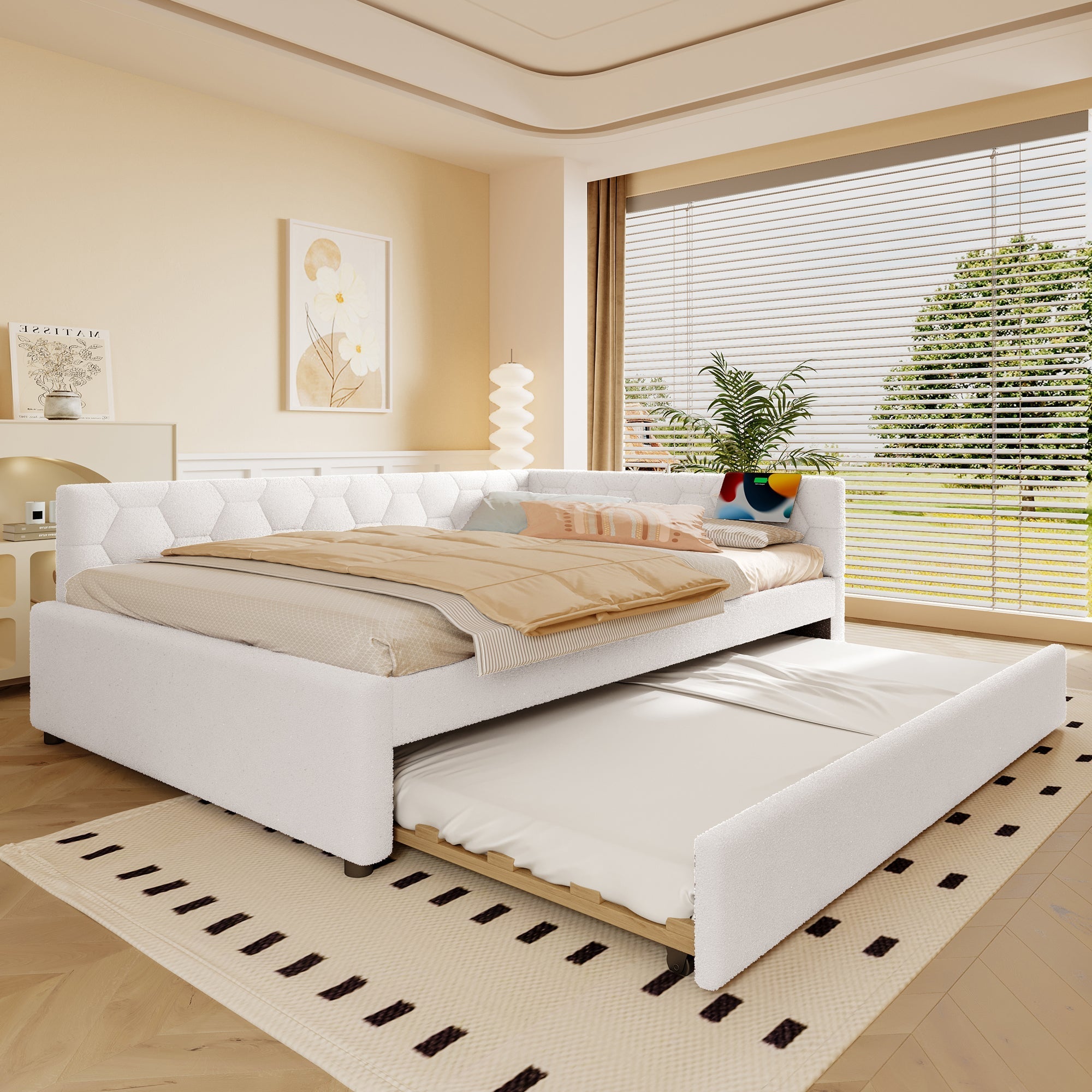 Daybed Sofa Bed 140x200cm Pull-Out Bed with Lamp & USB/Type-C Port Fleece Imitation White
