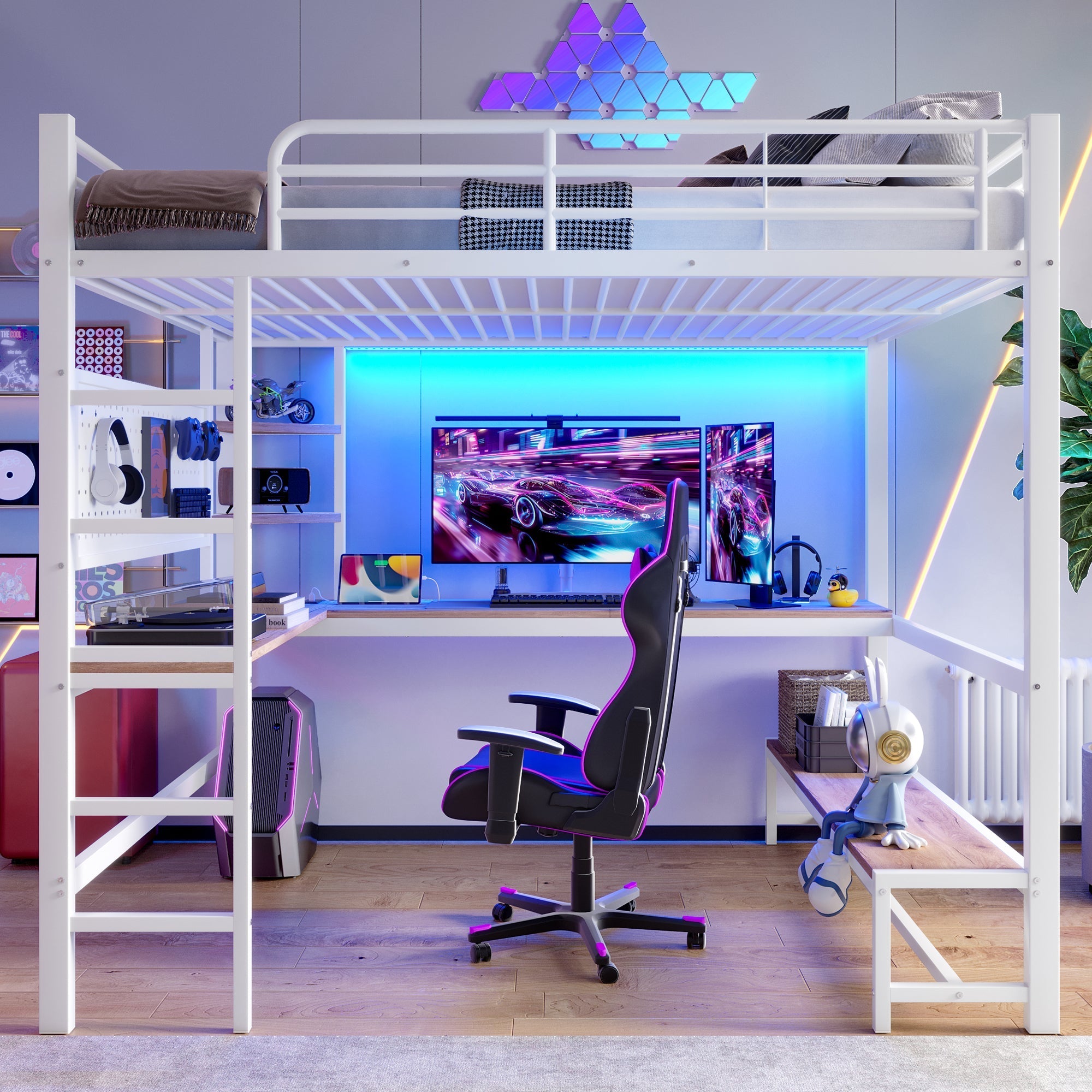 Loft Bed with Desk, Shelves, LED and USB Sockets, White Metal and MDF