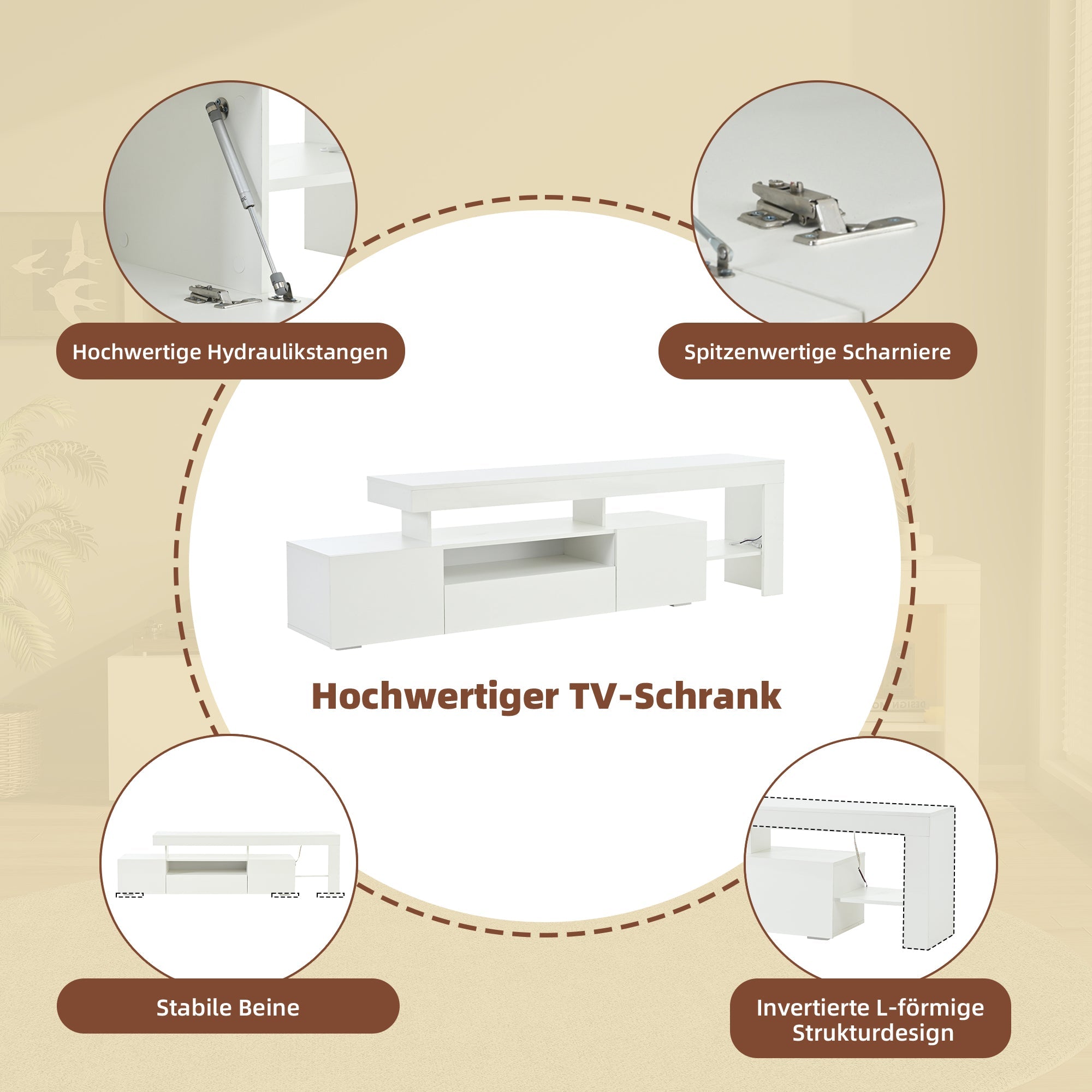 TV Cabinet, 192x37x53cm with 3 Cabinets, LED High-Gloss, White