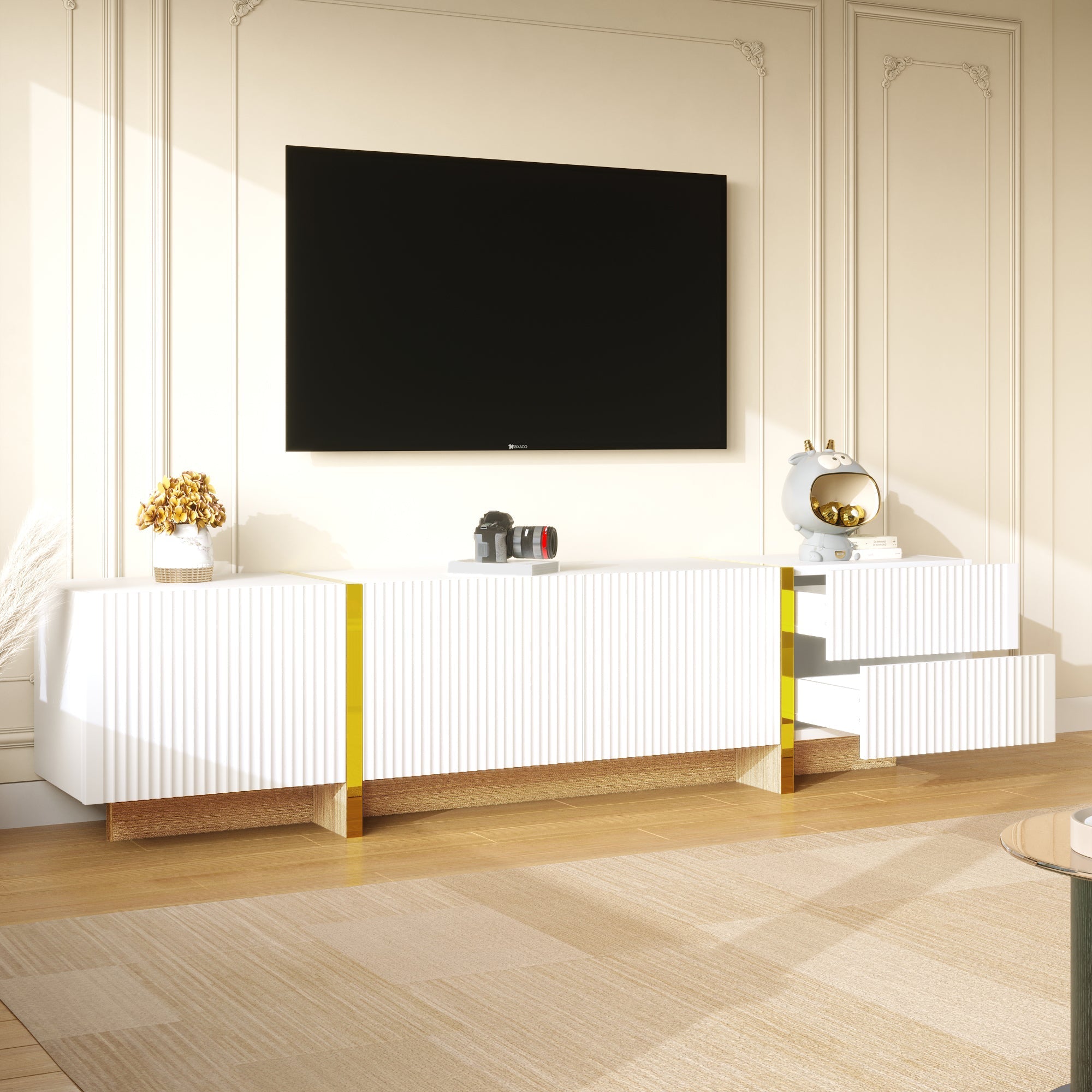 TV Cabinet, 190cm 3 Doors 2 Drawers, White with Gold & Wood Grain