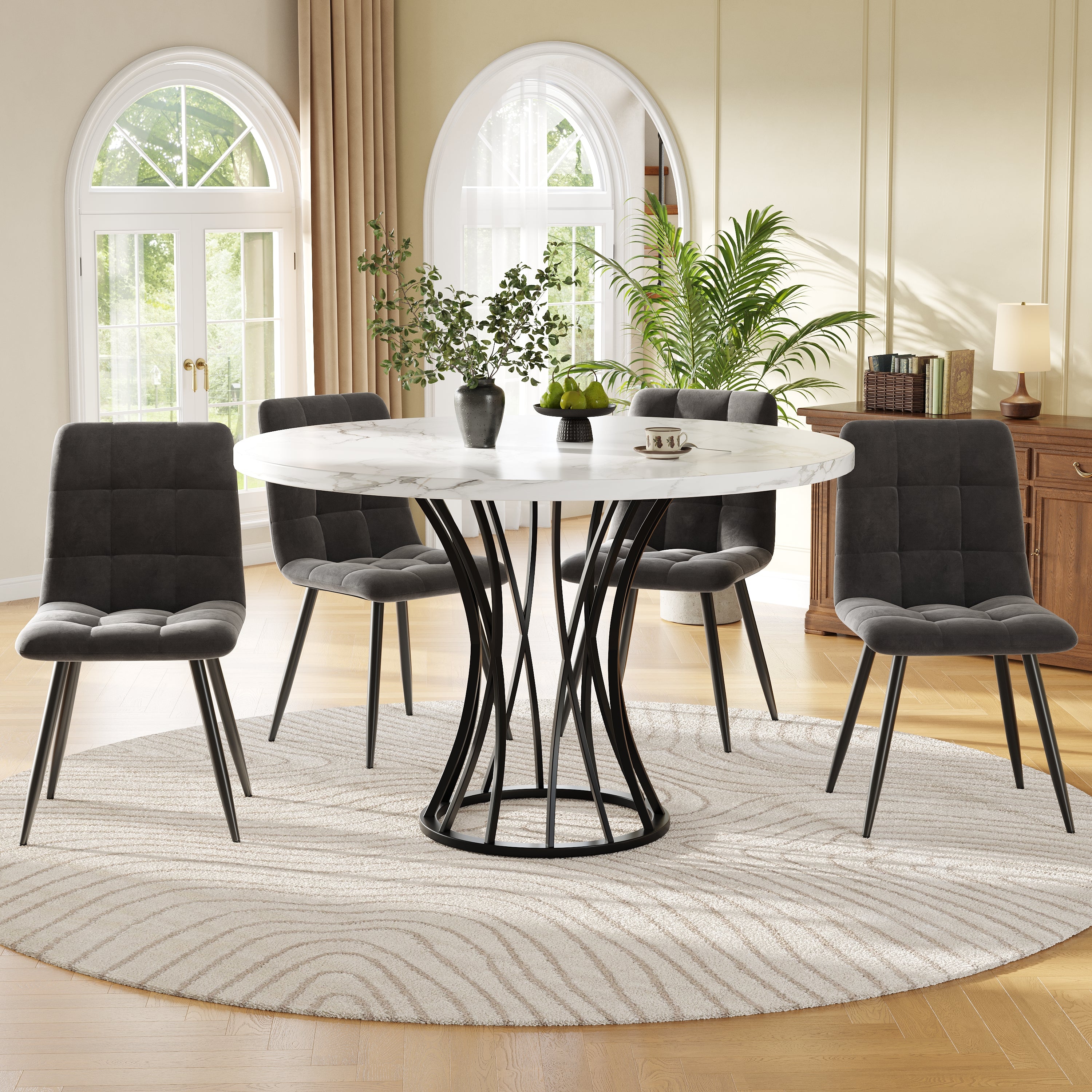Dining Table Set 5-Piece Round 80cm Marble Top 4 Chairs - Grey Velvet