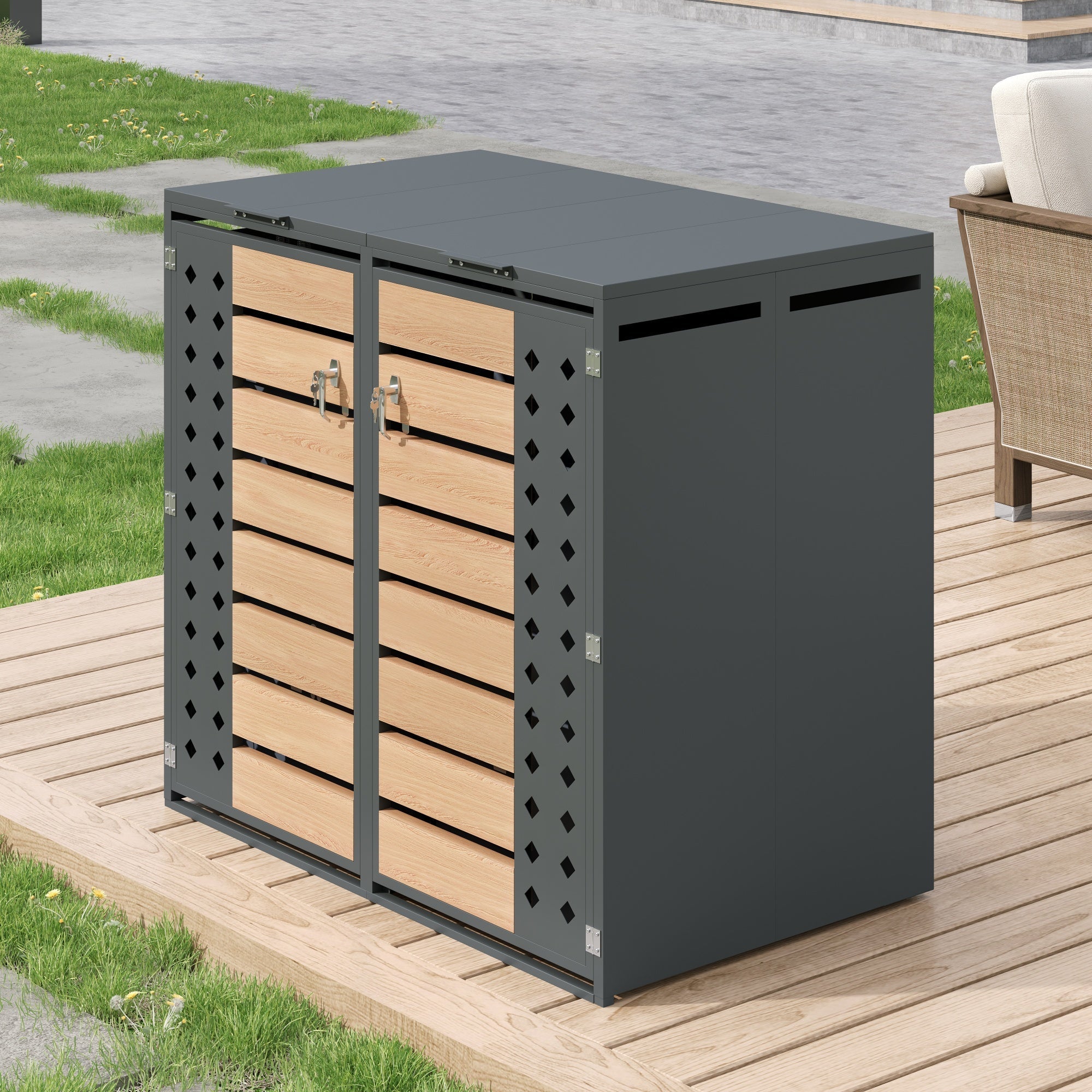 Bin Storage Box with Hinged Lid, Lockable Two Doors and Diamond-Hollow Door Panel