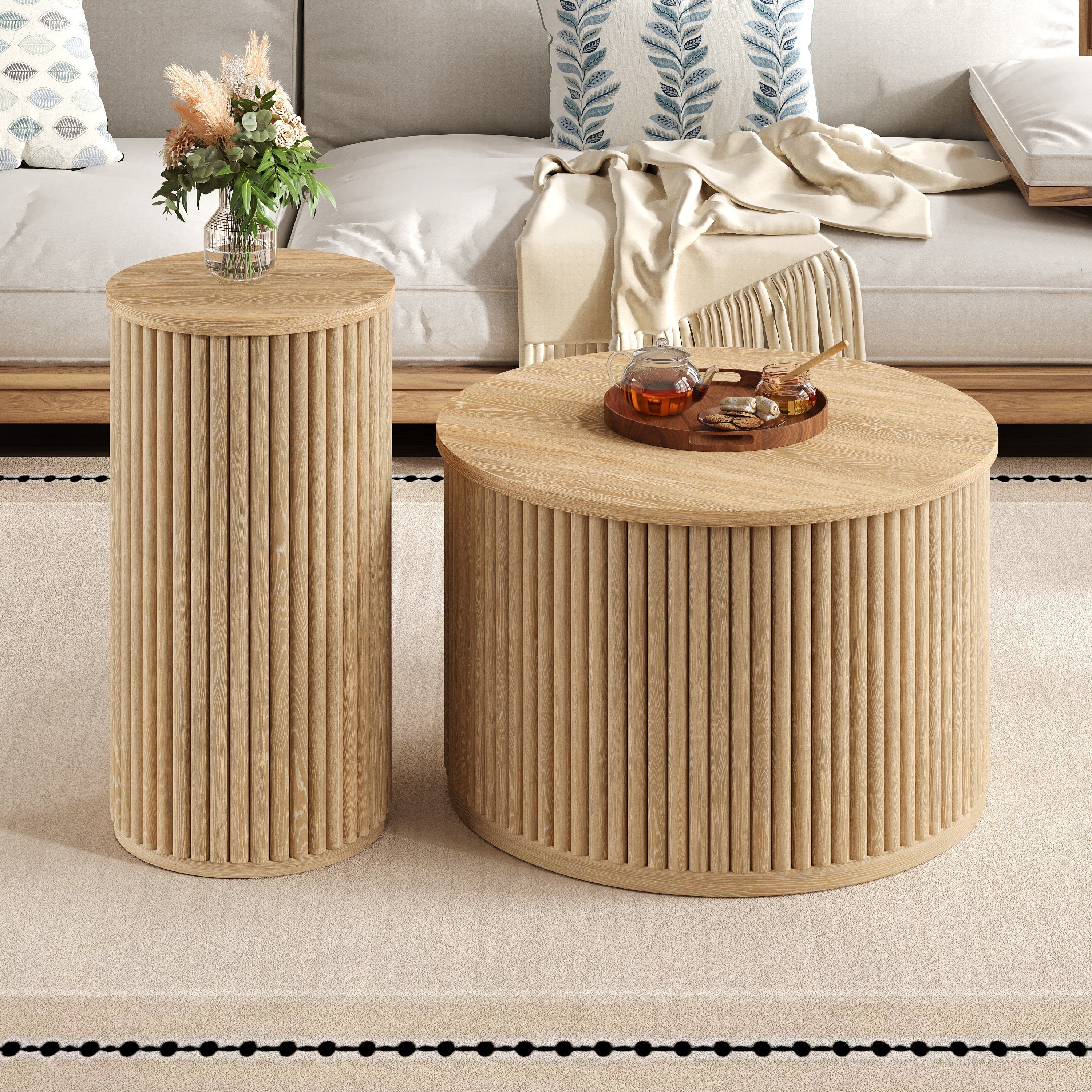 Coffee Table Double Round Slatted - Natural Wood
