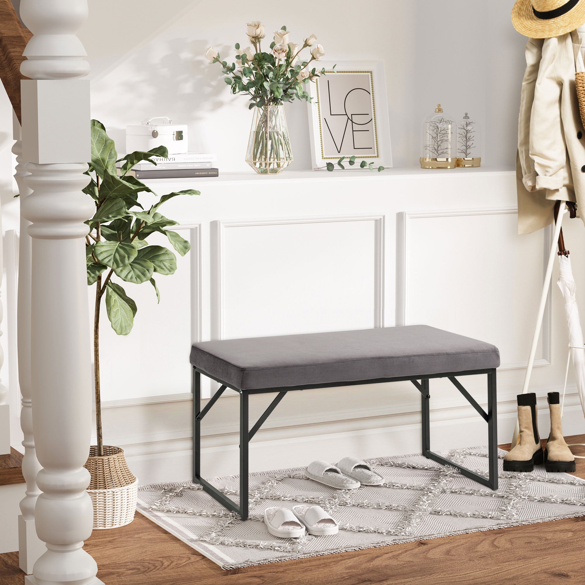 Upholstered Bench Bed/Dressing/Hallway Bench for Living Room & Bedroom, Velvet Look Dark Grey