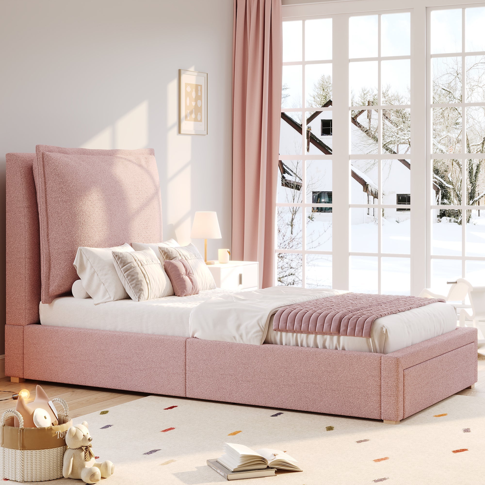 Upholstered Bed, Single/Children's Functional with Storage, Pink Chenille