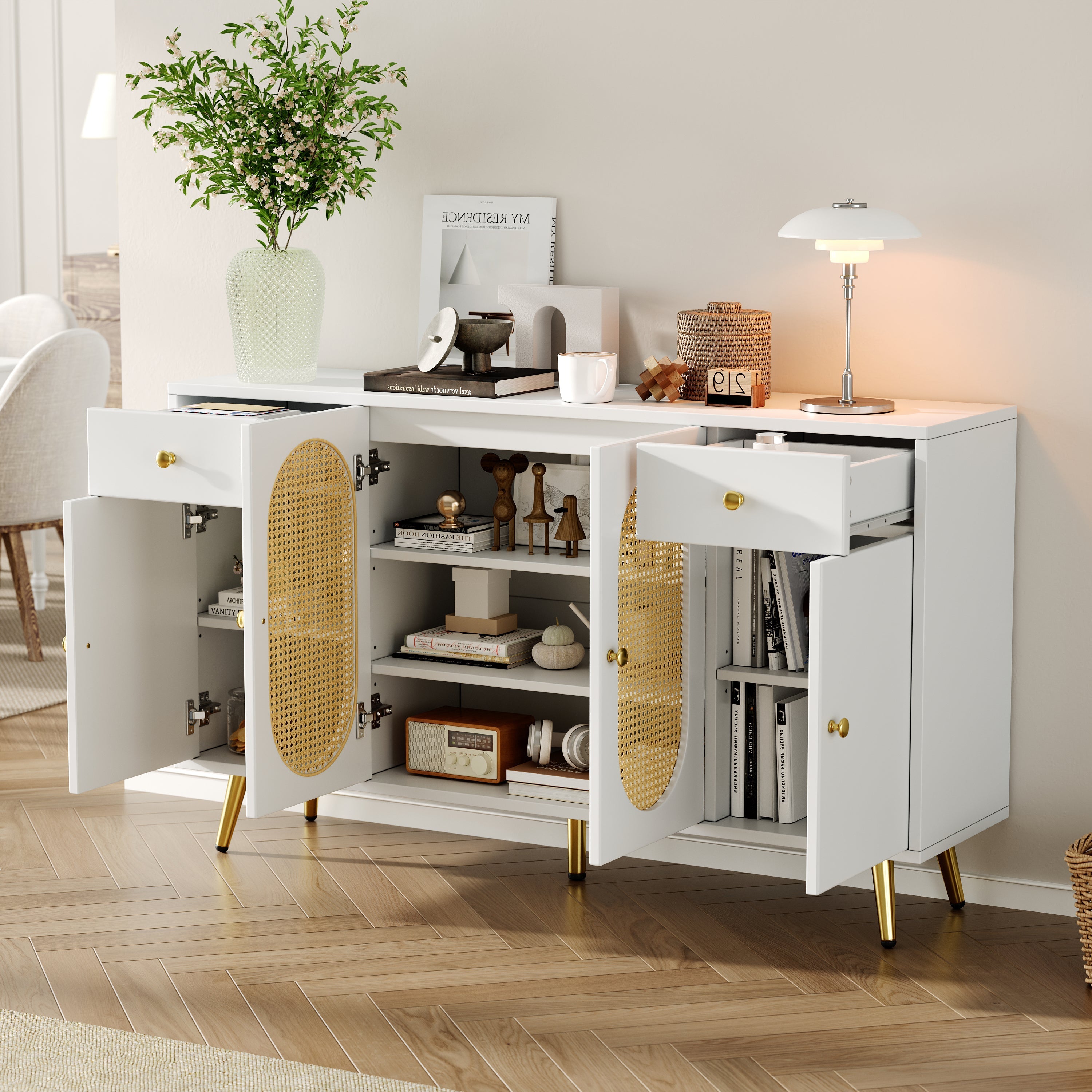 Chest of Drawers Sideboard 2 Drawers 4 Doors Adjustable Shelves White/Natural
