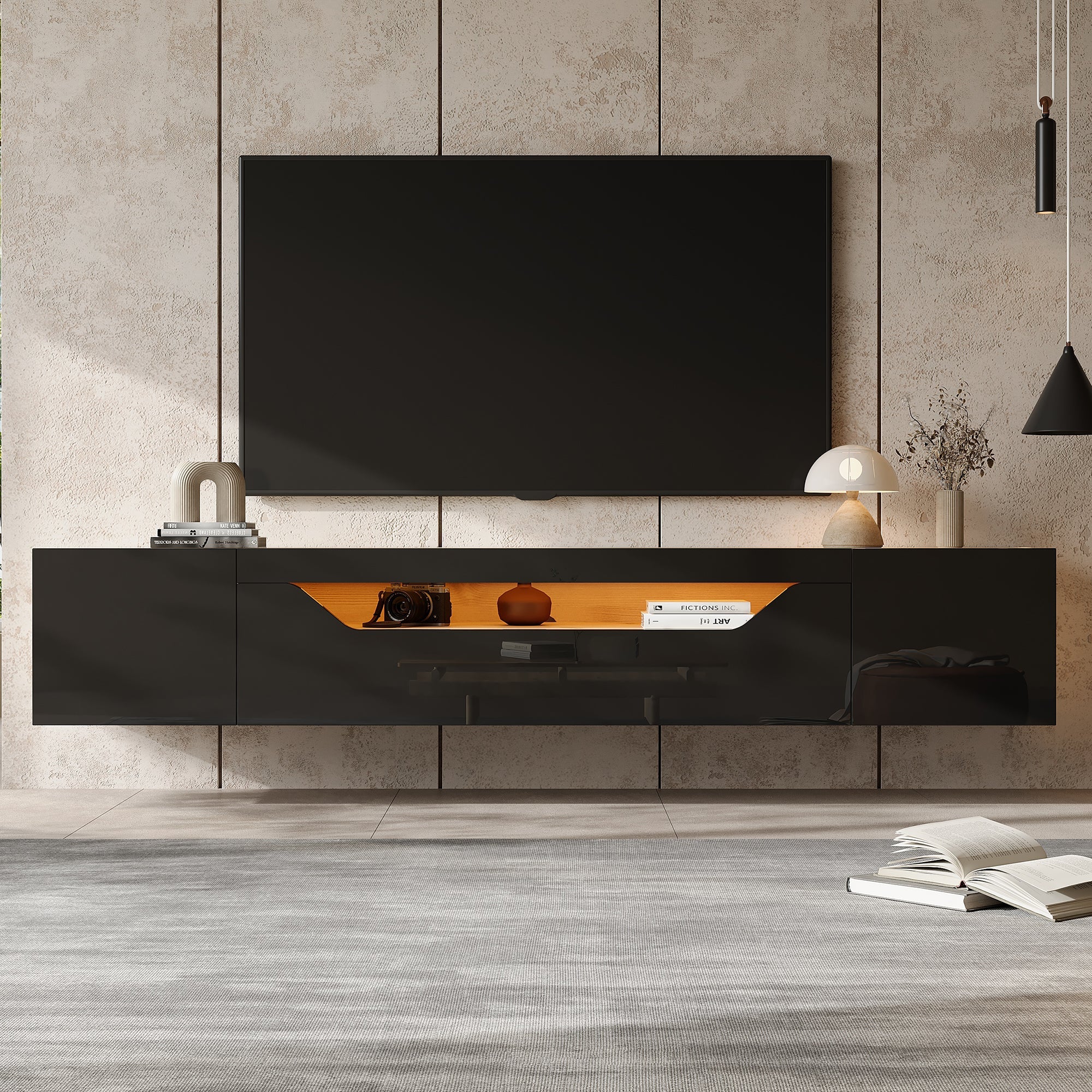 TV cabinet, 3 storage compartments, lowboard, floating wall board, LED light, wall-mountable, suitable for 75-inch TVs, black and wood color