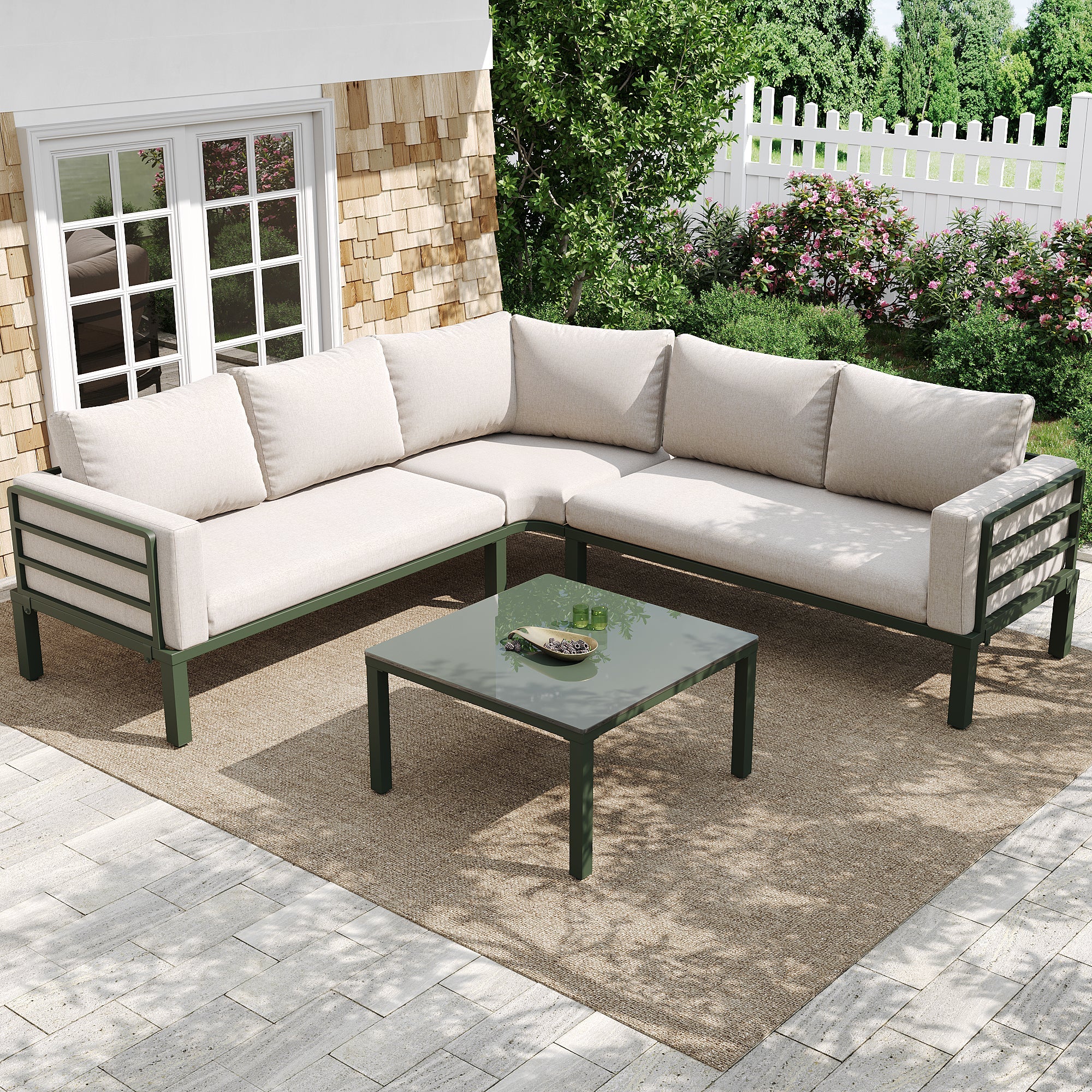 Garden Furniture Set with Tempered Glass Coffee Table and Adjustable Legs, Green Galvanized Iron Frame and Beige Cushions