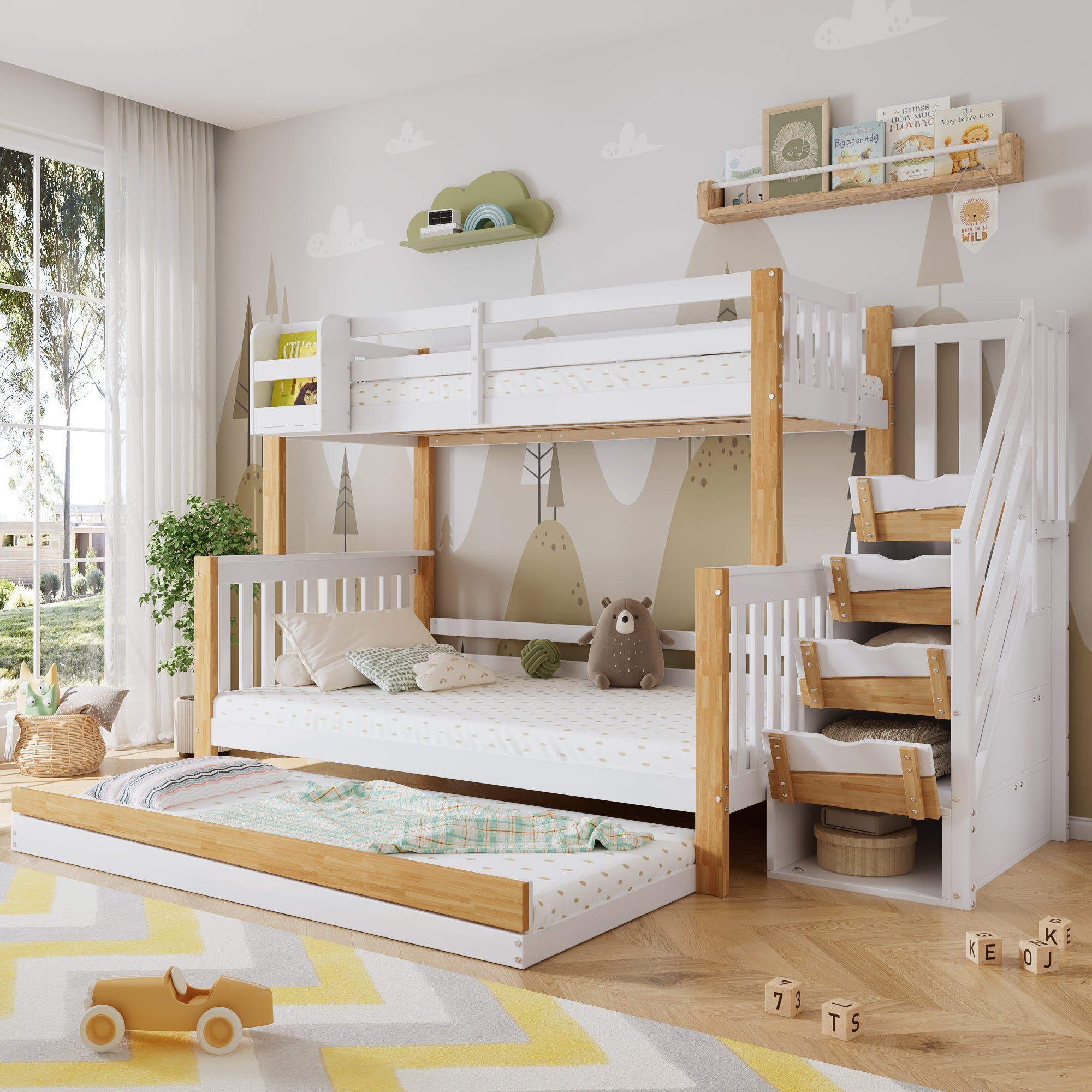Bunk Bed, Trundle Corner Stairs, Pine MDF, White Natural