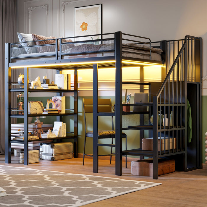 Loft Bed 90x200 LED Light Socket Storage Bookshelf - Black