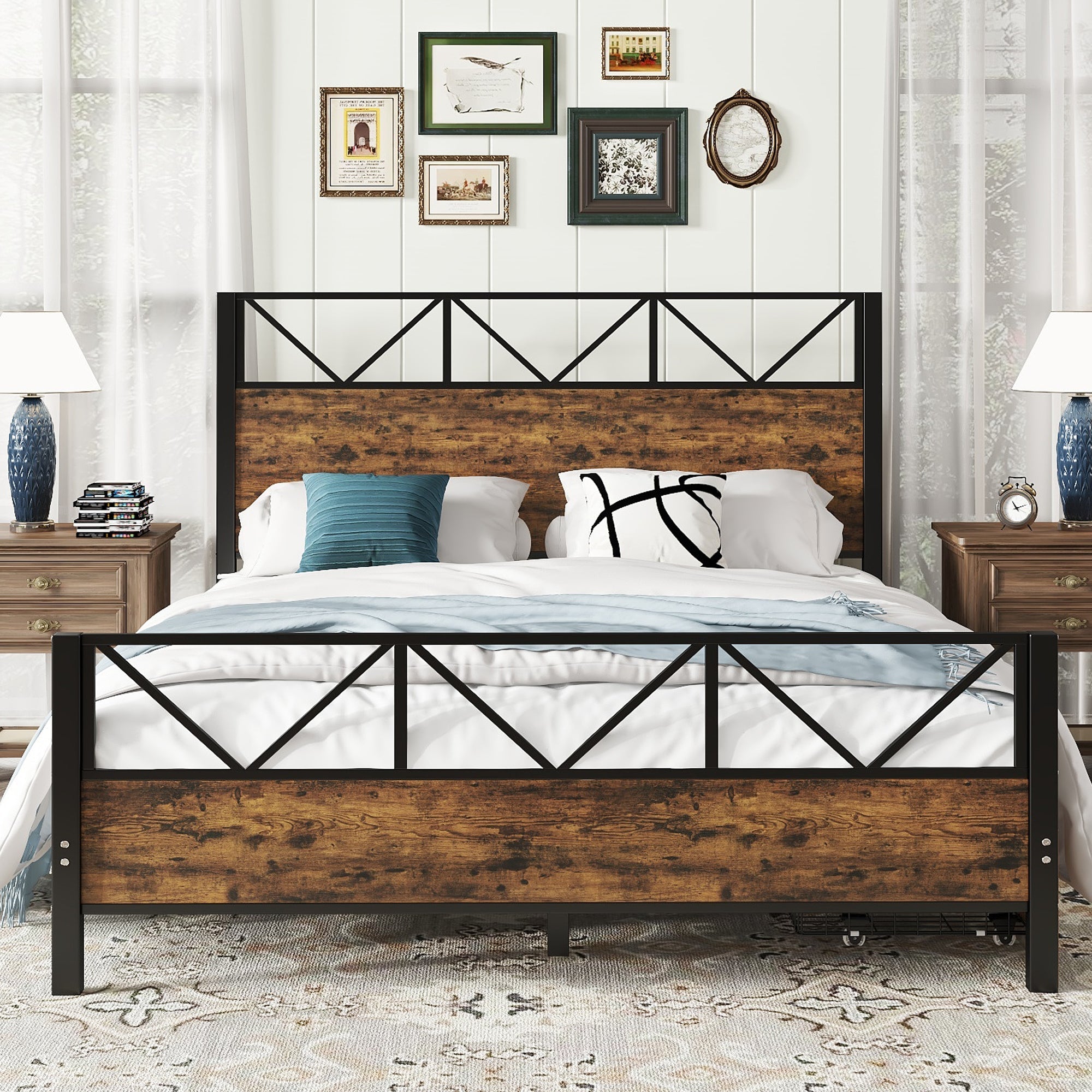 Metal Bed 4ft6 Double 135x190cm with 2 Drawers, Durable Sturdy Multifunctional Iron Storage Bed, Black+Wood Color