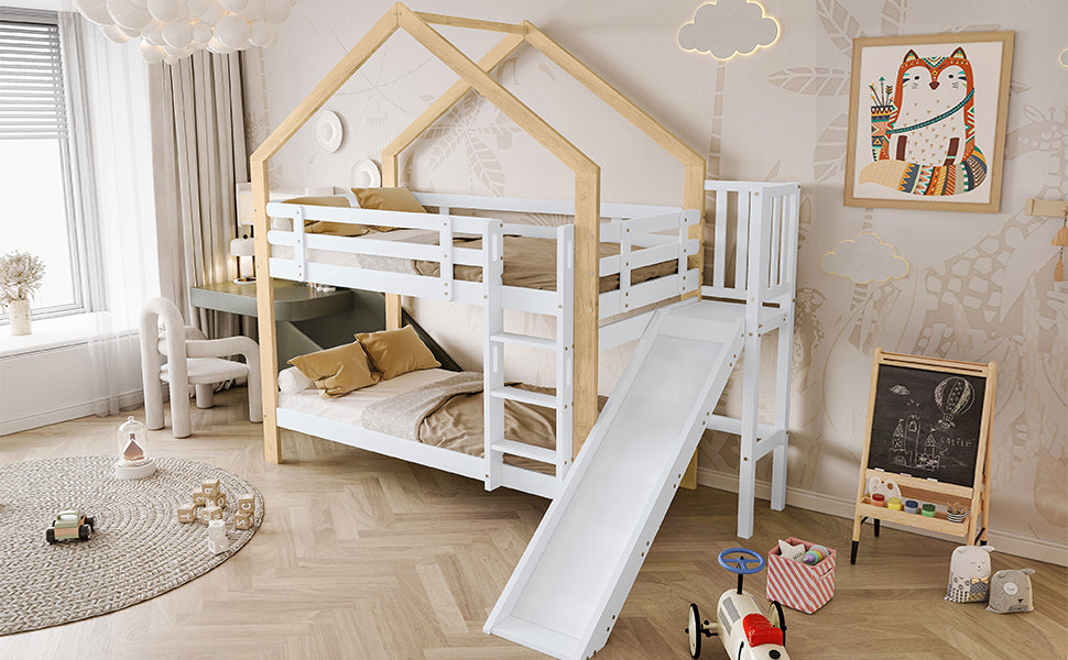 Bunk bed with slide, three-step angled ladder, safety guard, solid wood, white and natural, 90x200cm