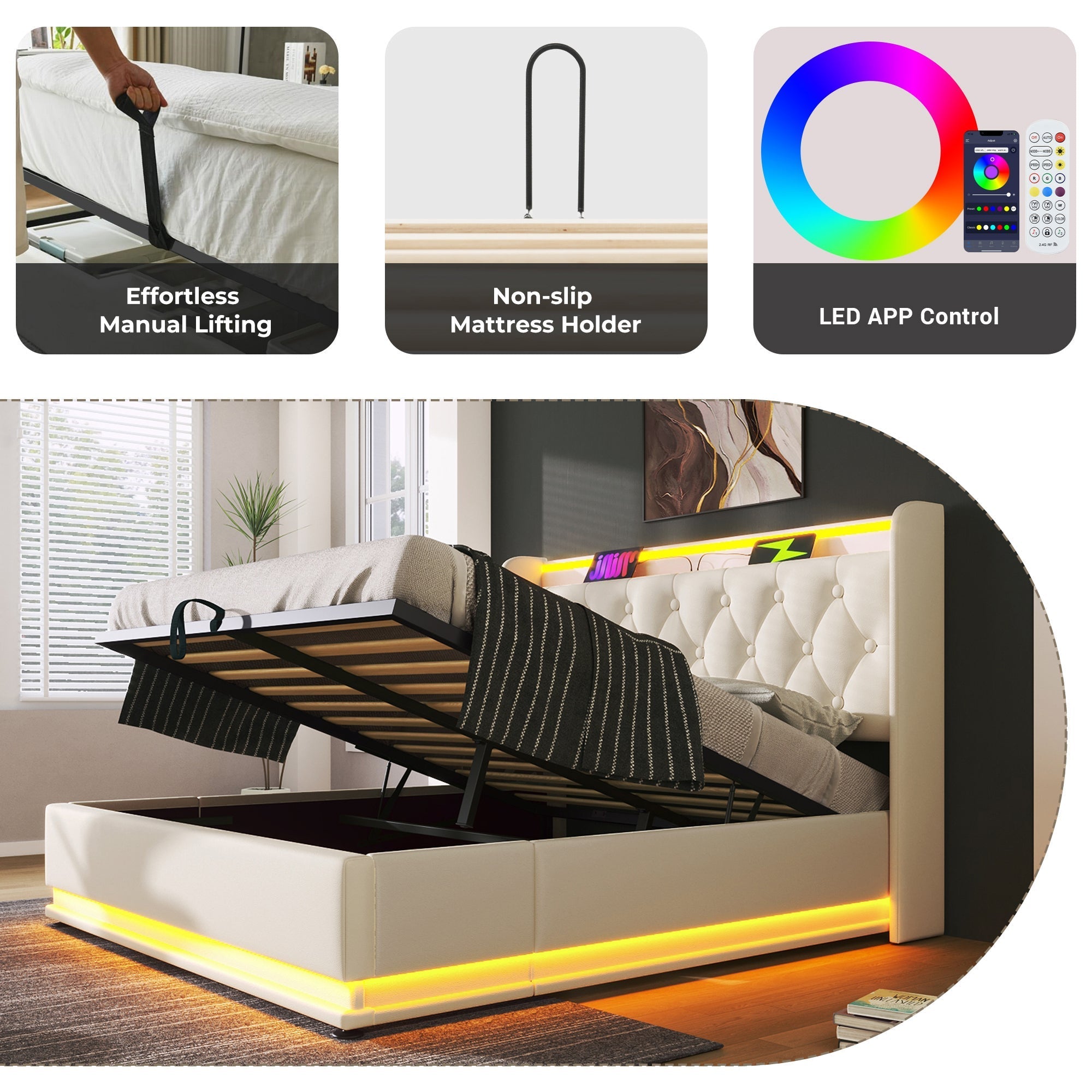 Upholstered King Ottoman Bed, 360 Surround LED, Hydraulic Storage, Charging Function, White PU