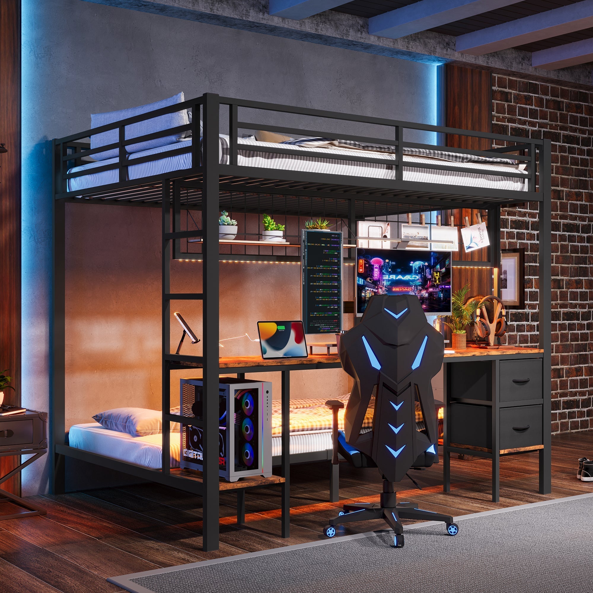 Loft Bed 90x200/140x200 Iron Frame Drawers Desk Storage LED USB Black