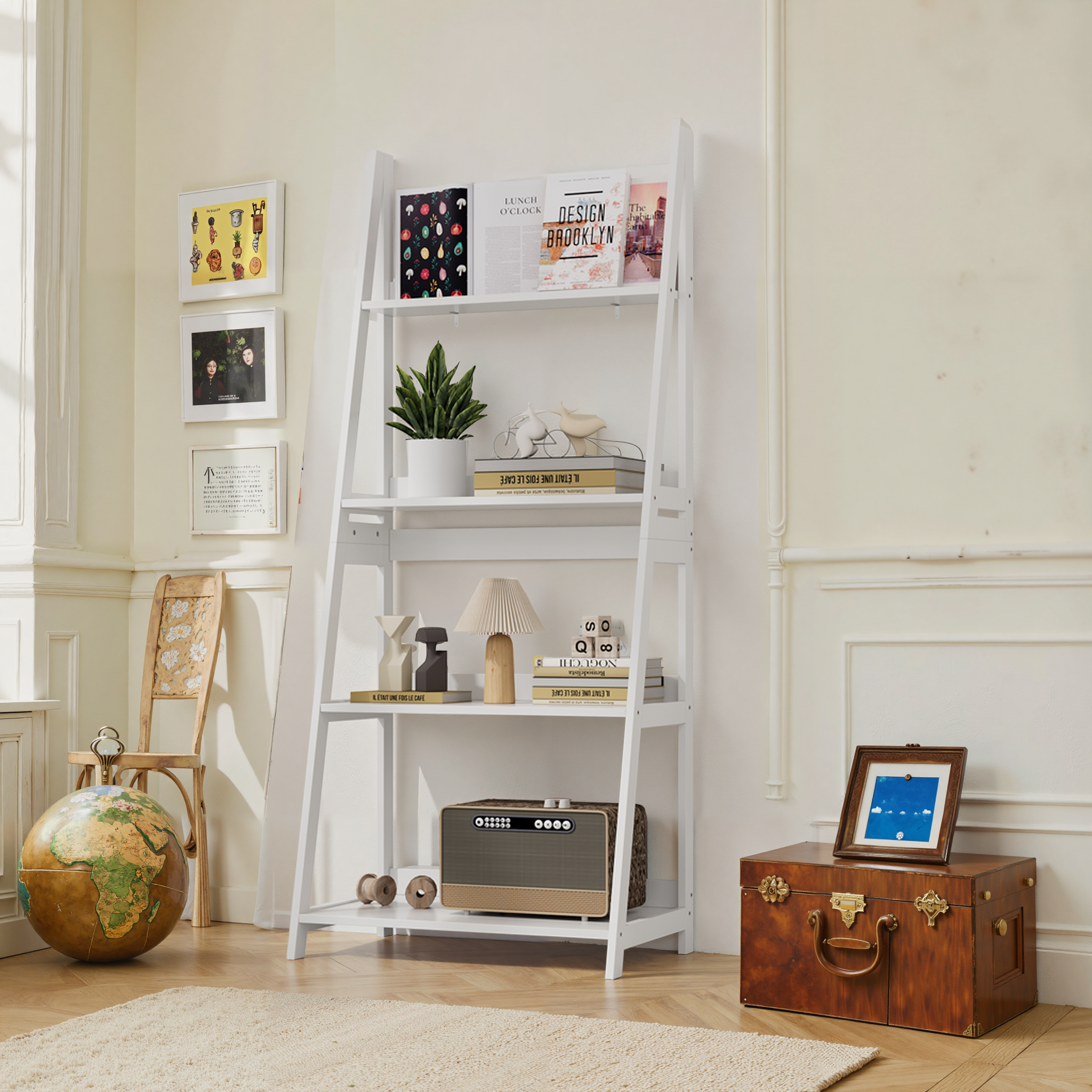 Ladder Bookshelf Display Stand, 4-Tier Bookcase, Bathroom Storage, White