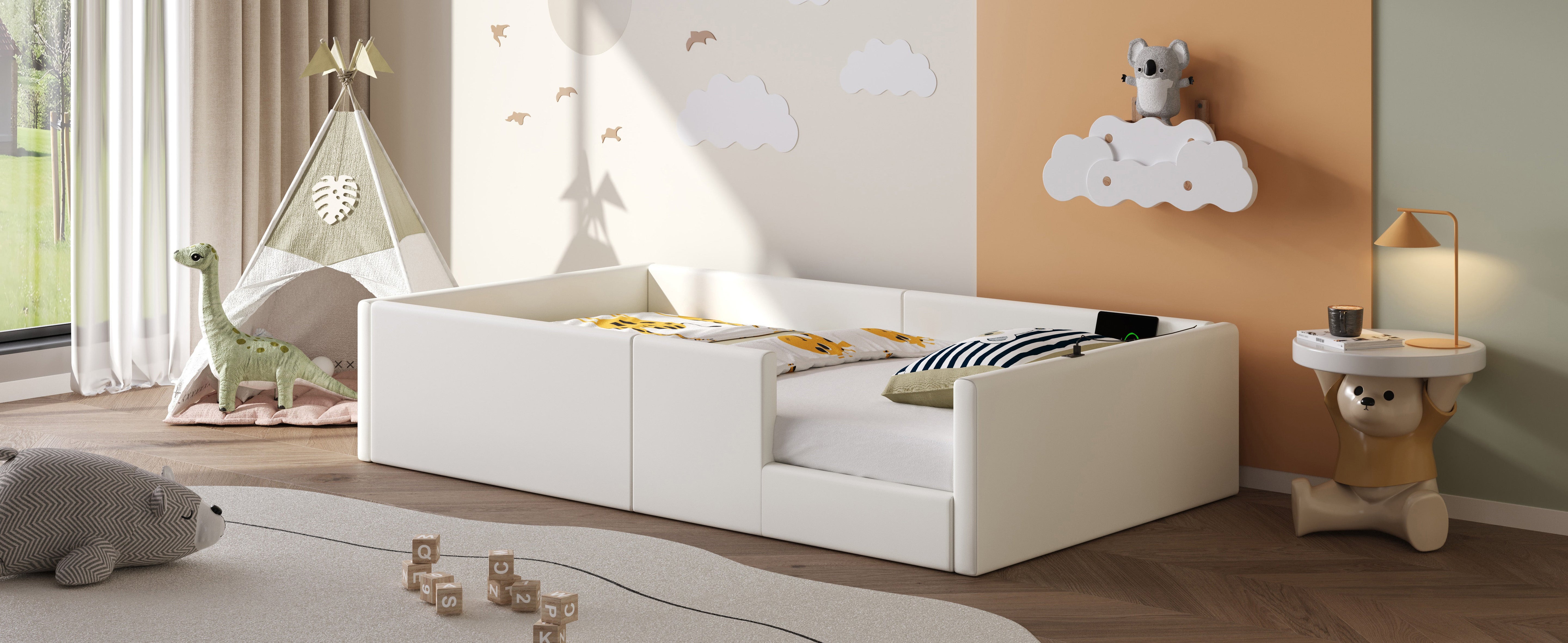 Upholstered Platform Bed with Safety Railing and Charging Station, 90x200cm, White Velvet