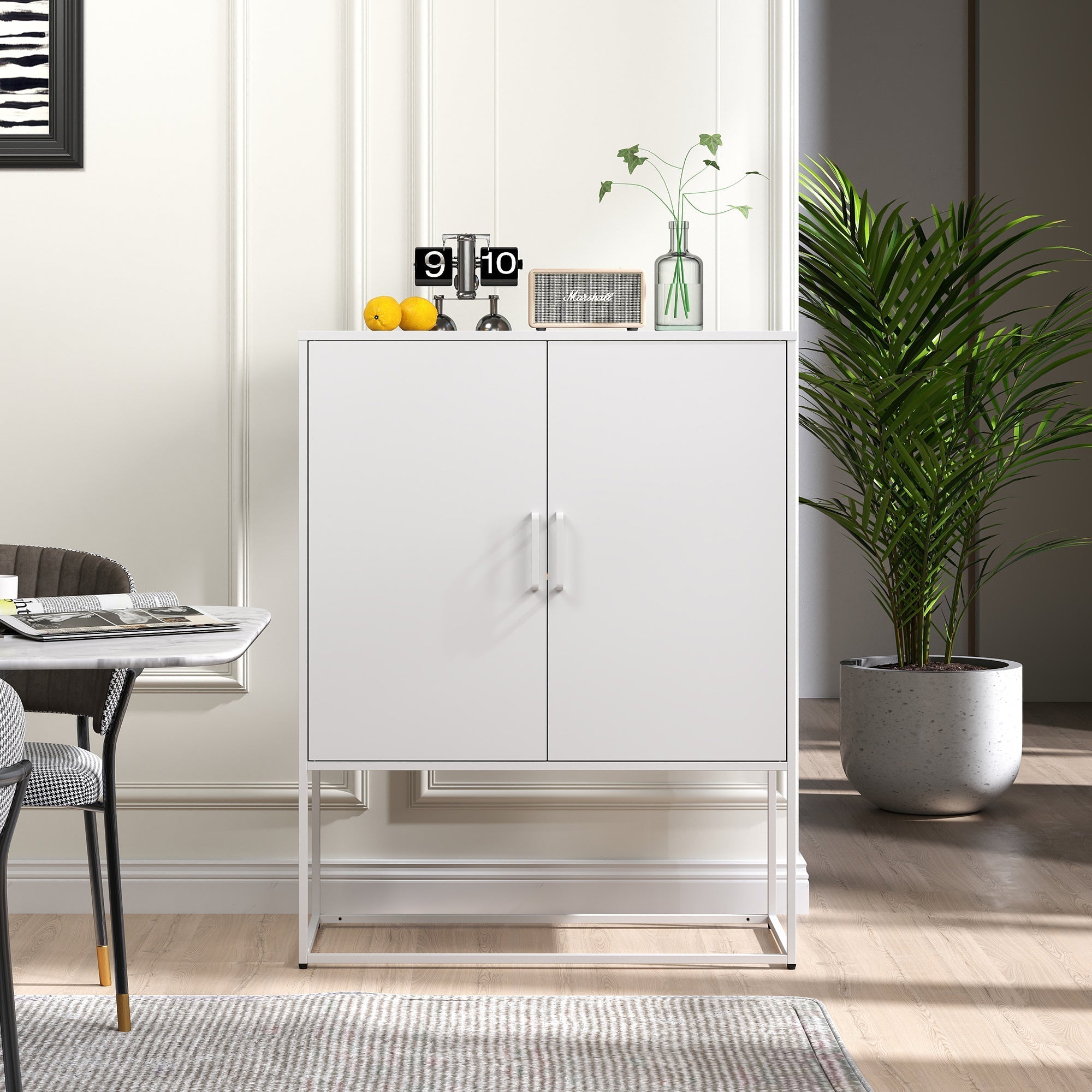 Metal Sideboard 2 Shelves Magnetic Doors Freestanding - White
