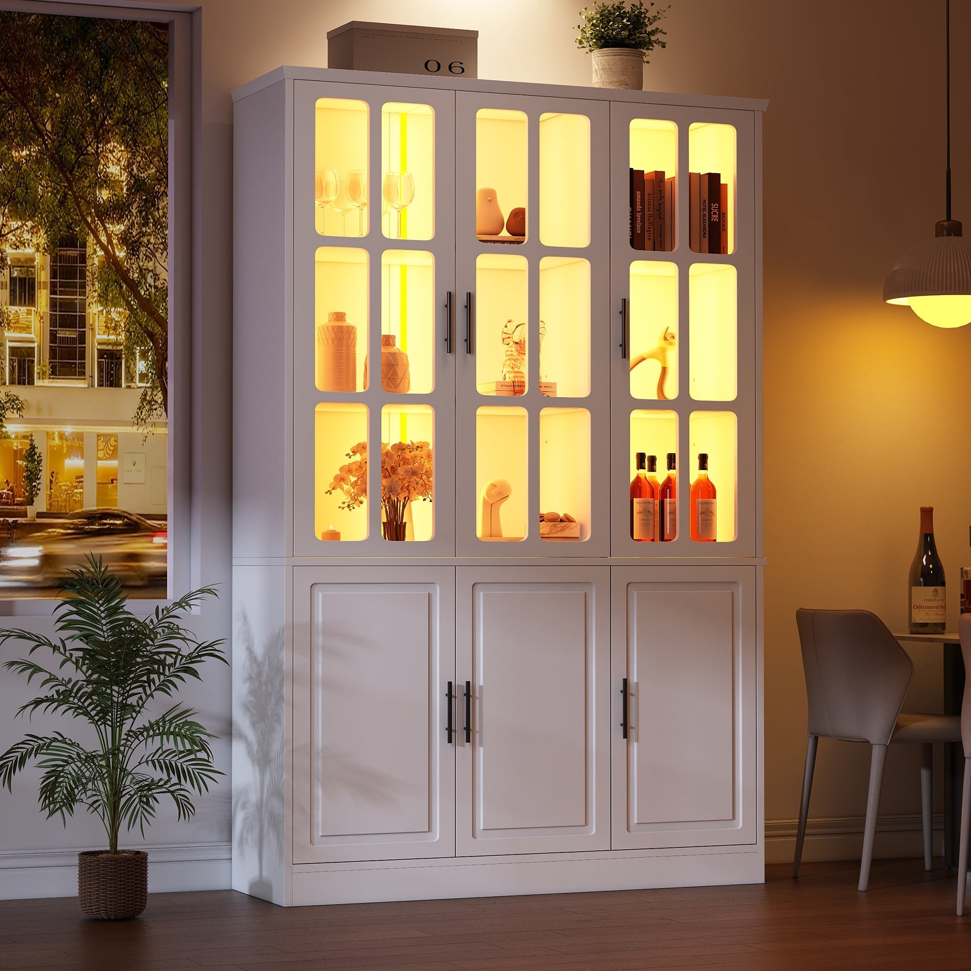 Standing Display Cabinet with 6 Doors and LED Lighting, White
