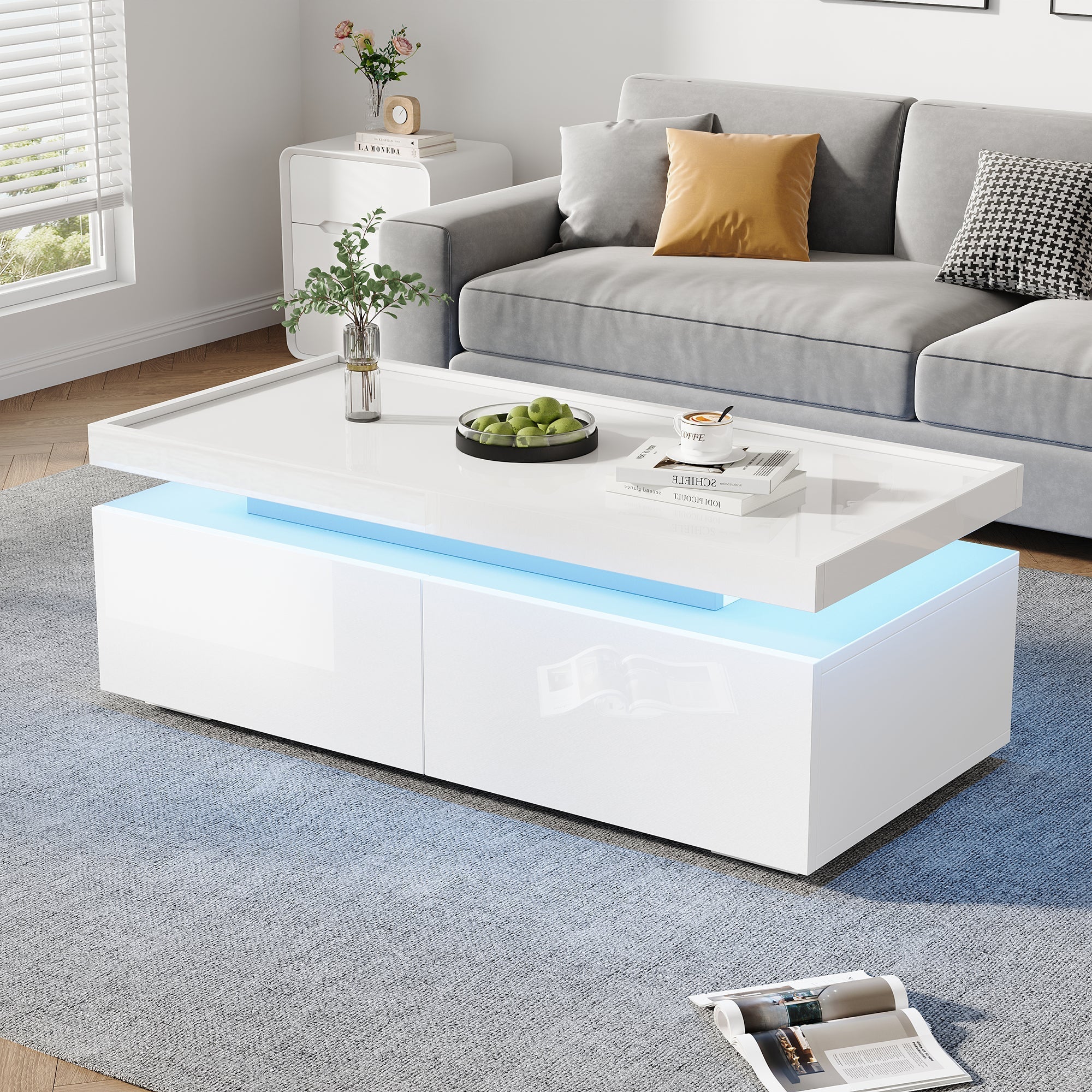 Coffee Table LED High-Gloss with 2 Drawers Geometric Design White