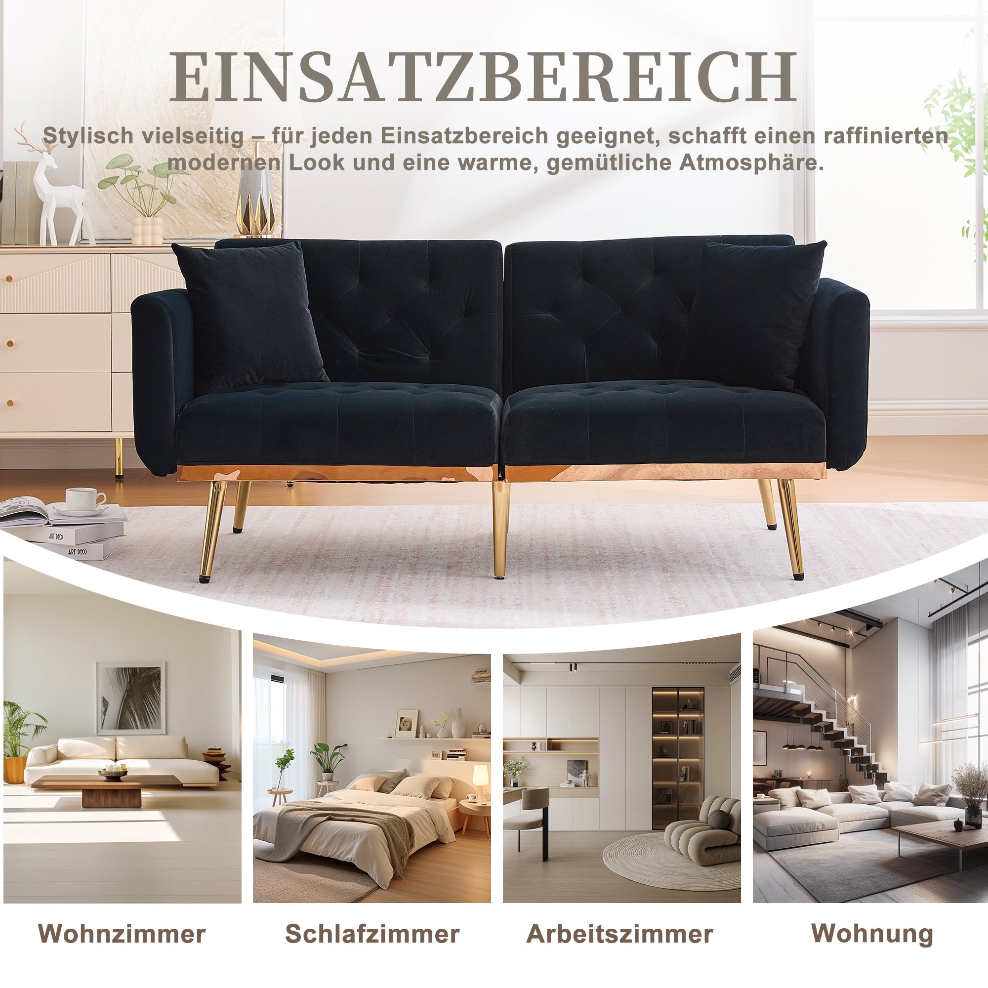 Loveseat, 2-Seater Sofa Bed with Adjustable Backrest, Black Velvet