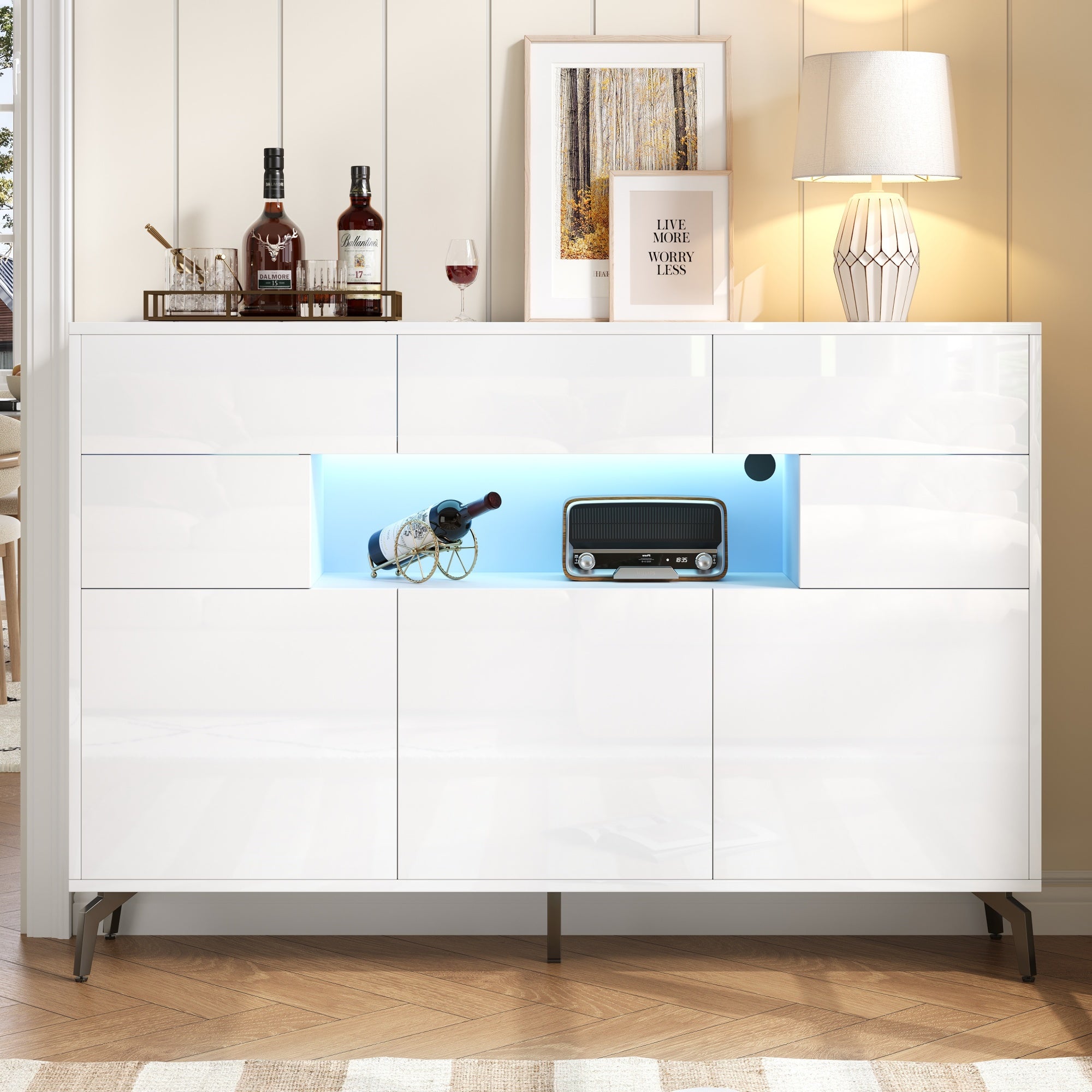 Living Room Sideboard, High-Gloss Storage with LED Light, White MDF