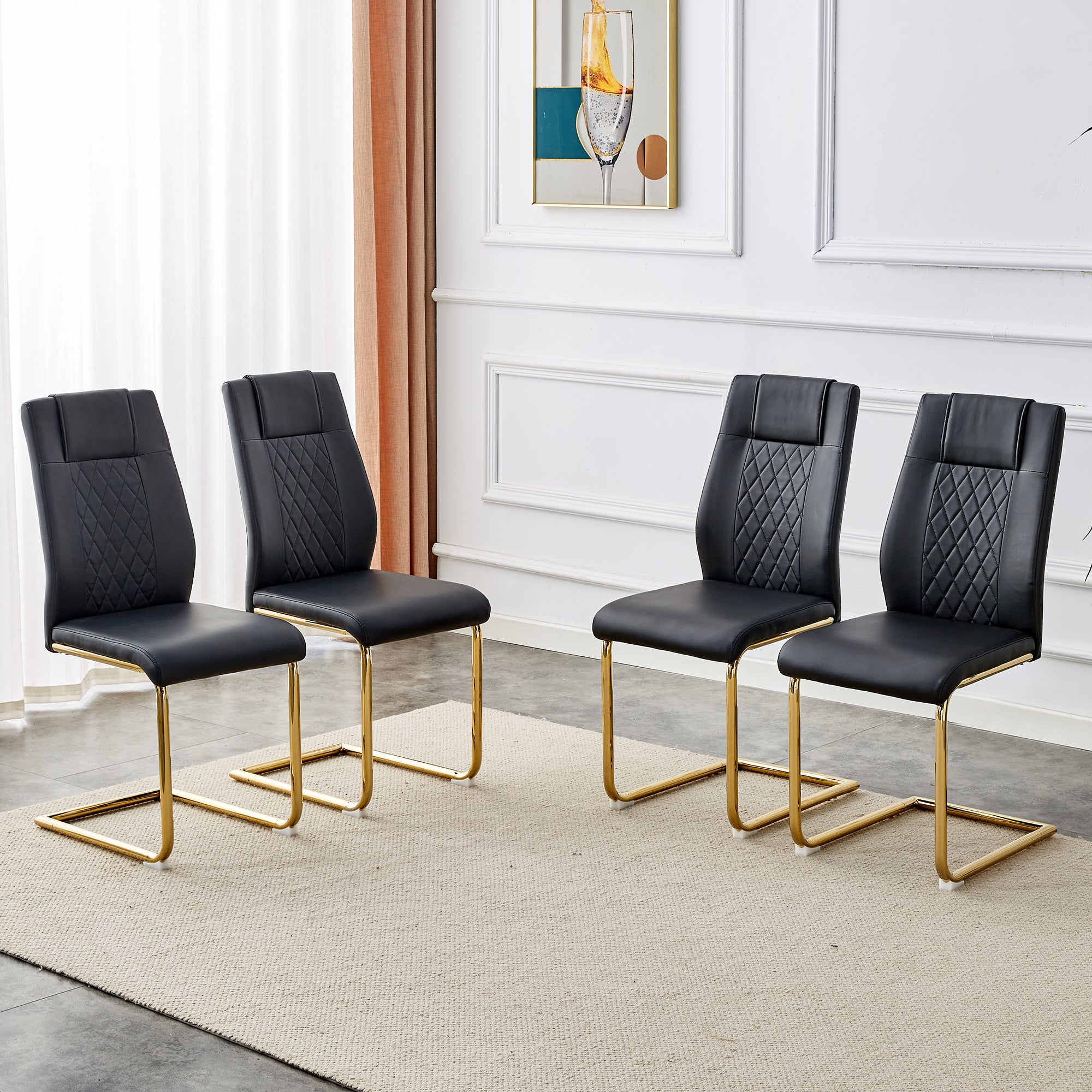 Scandinavian Dining Chairs Set of 4 Mesh Back Gold Metal Legs - Black PU Leather