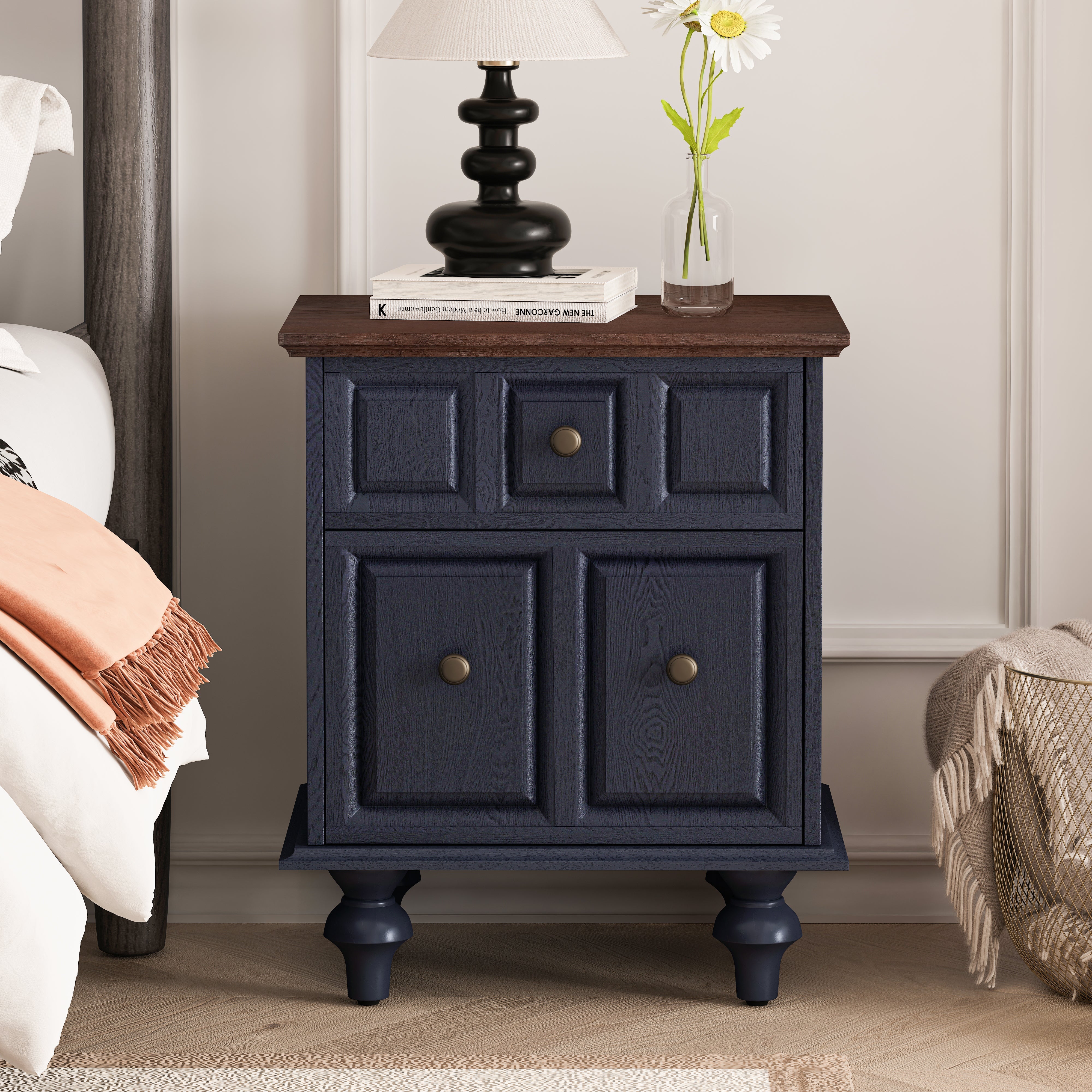 Vintage Bedside Table 52CM with 2 Drawers Roman Column Legs Solid Wood Dark Blue