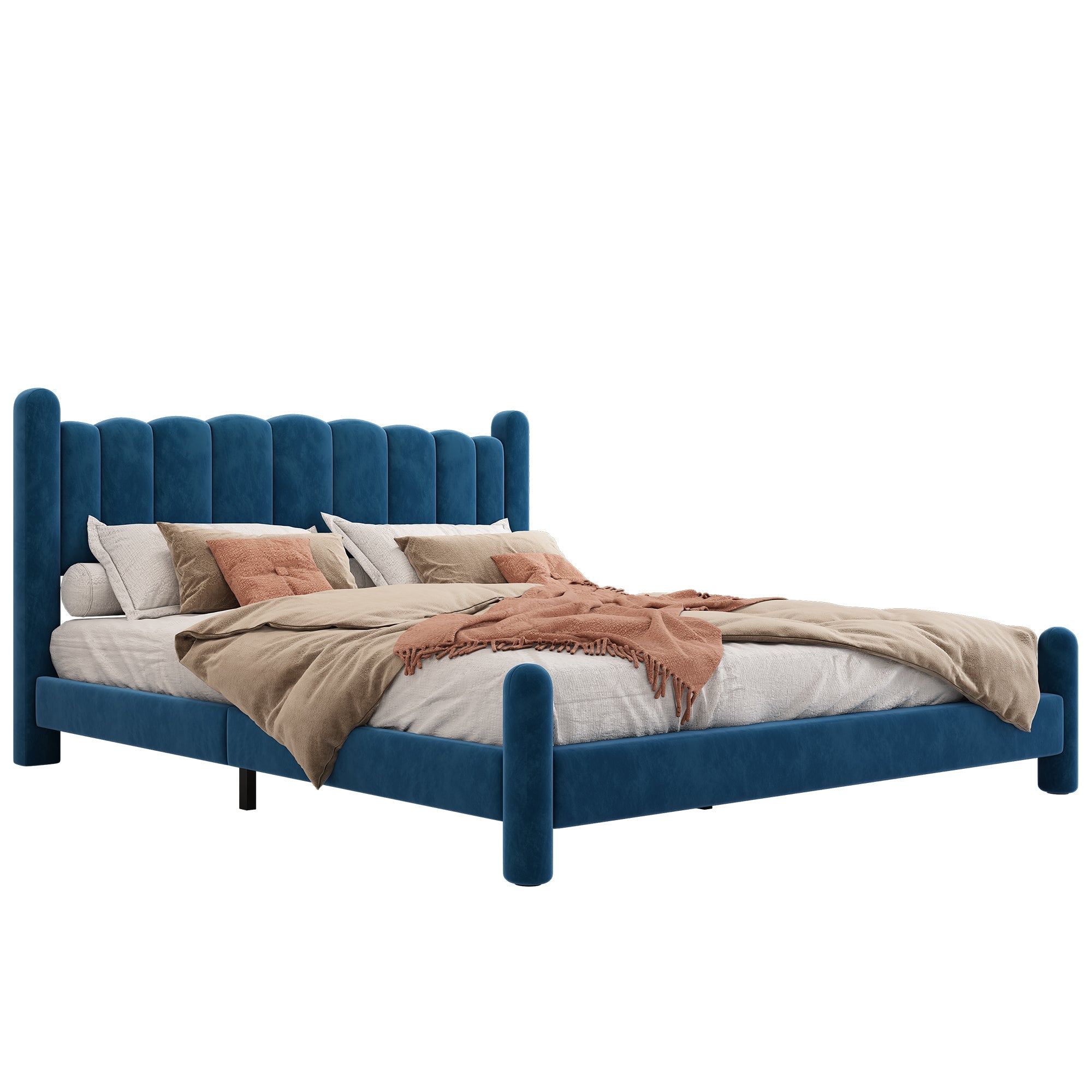 Upholstered Bed with Fan-Shaped Headboard and Slatted Base, 160x200cm, Blue Velvet