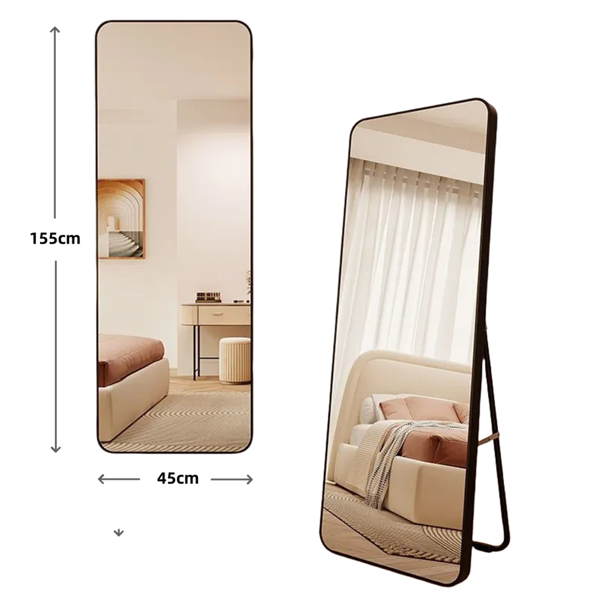 Full-length Mirror 45x155 cm, Shatterproof Freestanding/Wall-Mountable, Black