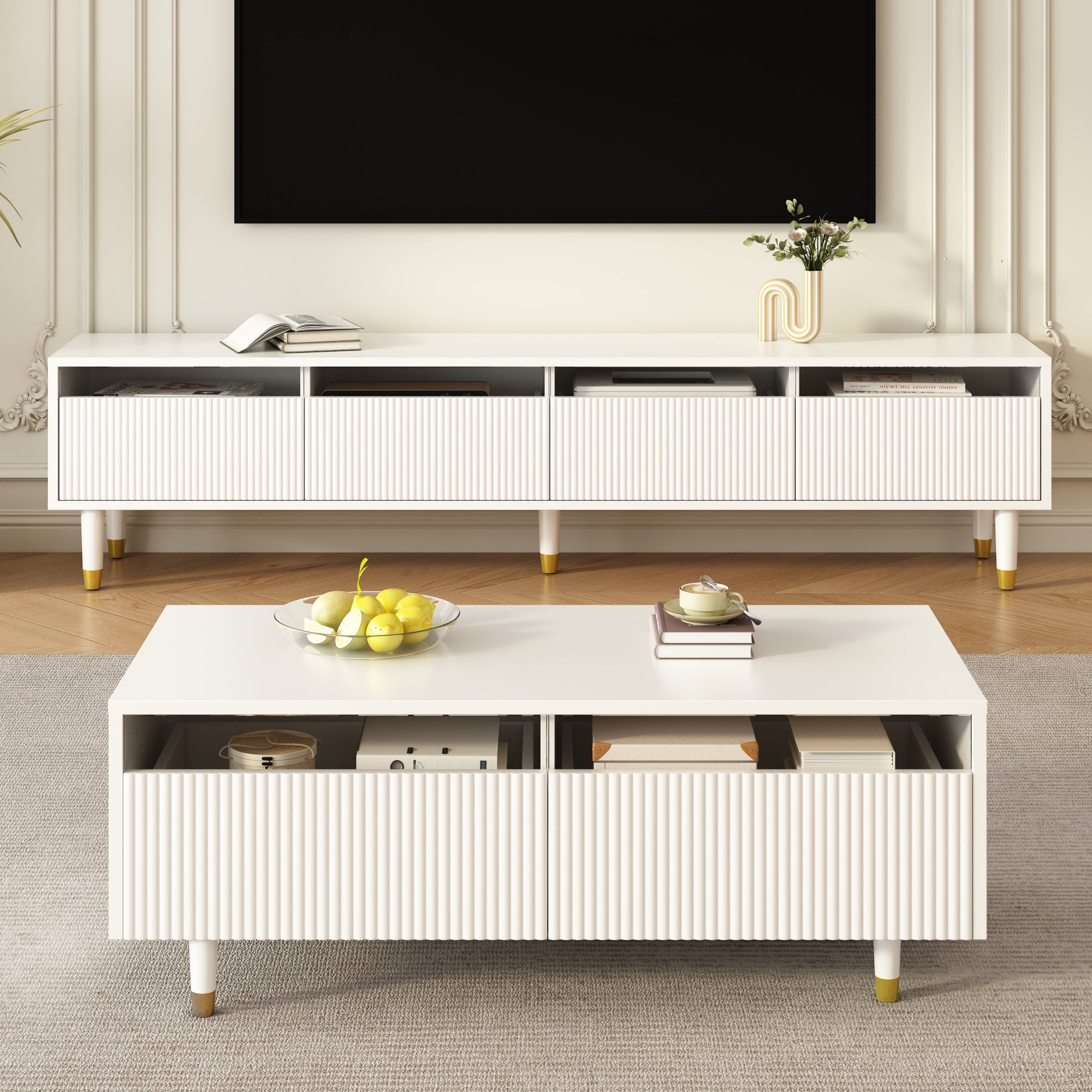 LED Furniture Set, 4-Door TV Stand & Coffee Table with 2 Drawers, White Gold Design
