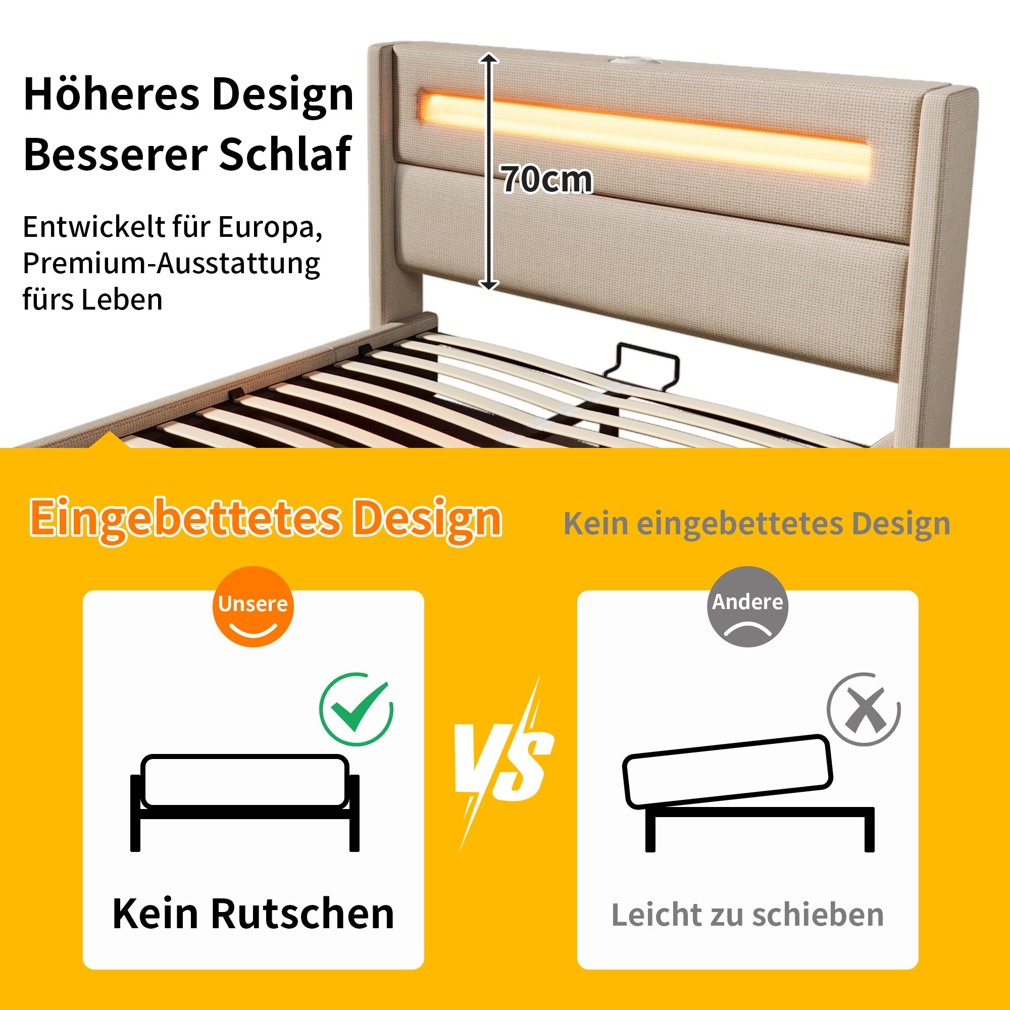 Upholstered Double Bed 140x200 cm, LED, Hydraulic Storage, USB-C, Metal Frame, Beige Linen
