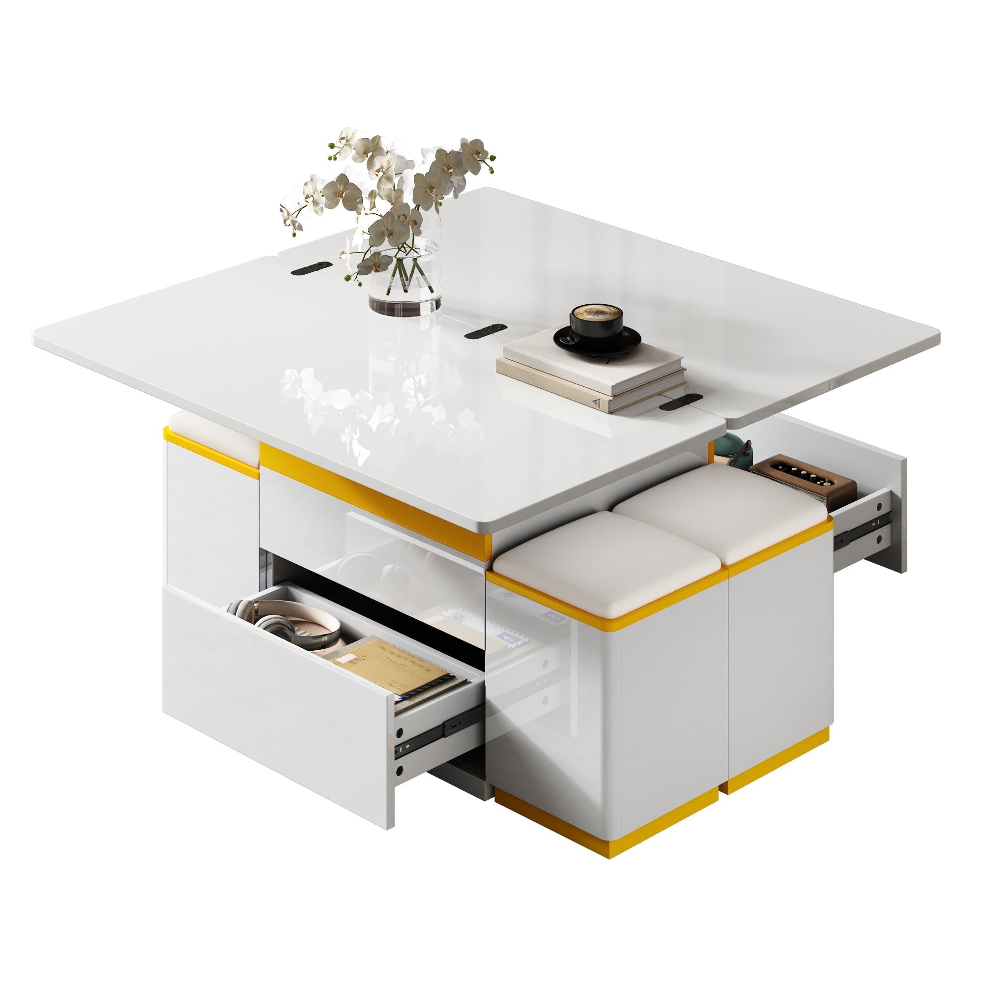 Coffee Table Multifunctional High-Gloss Adjustable Foldable Dining 100x50x43cm - White