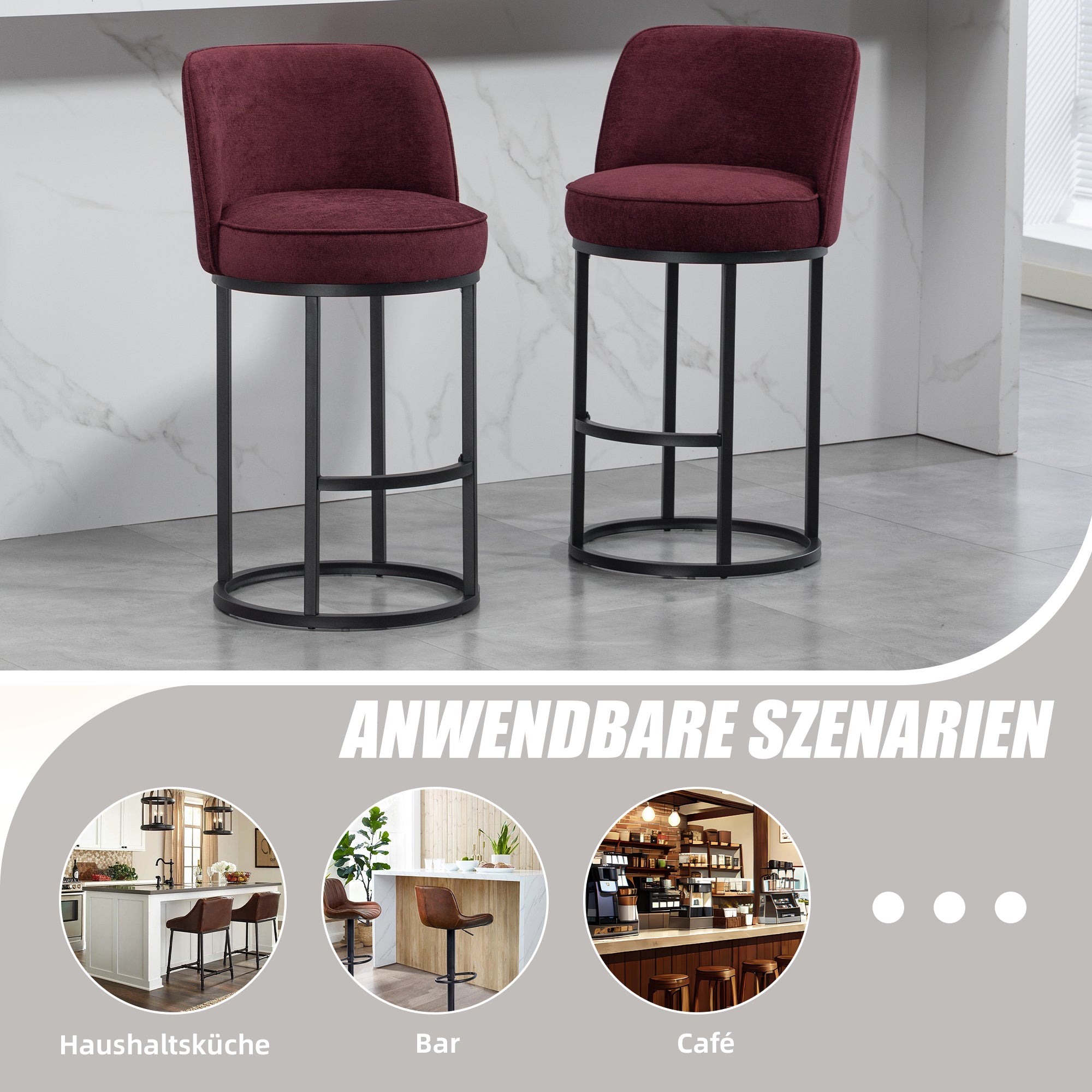 Bar Stools Duo Set with Ergonomic Backrest and Metal Legs, Linen Upholstery