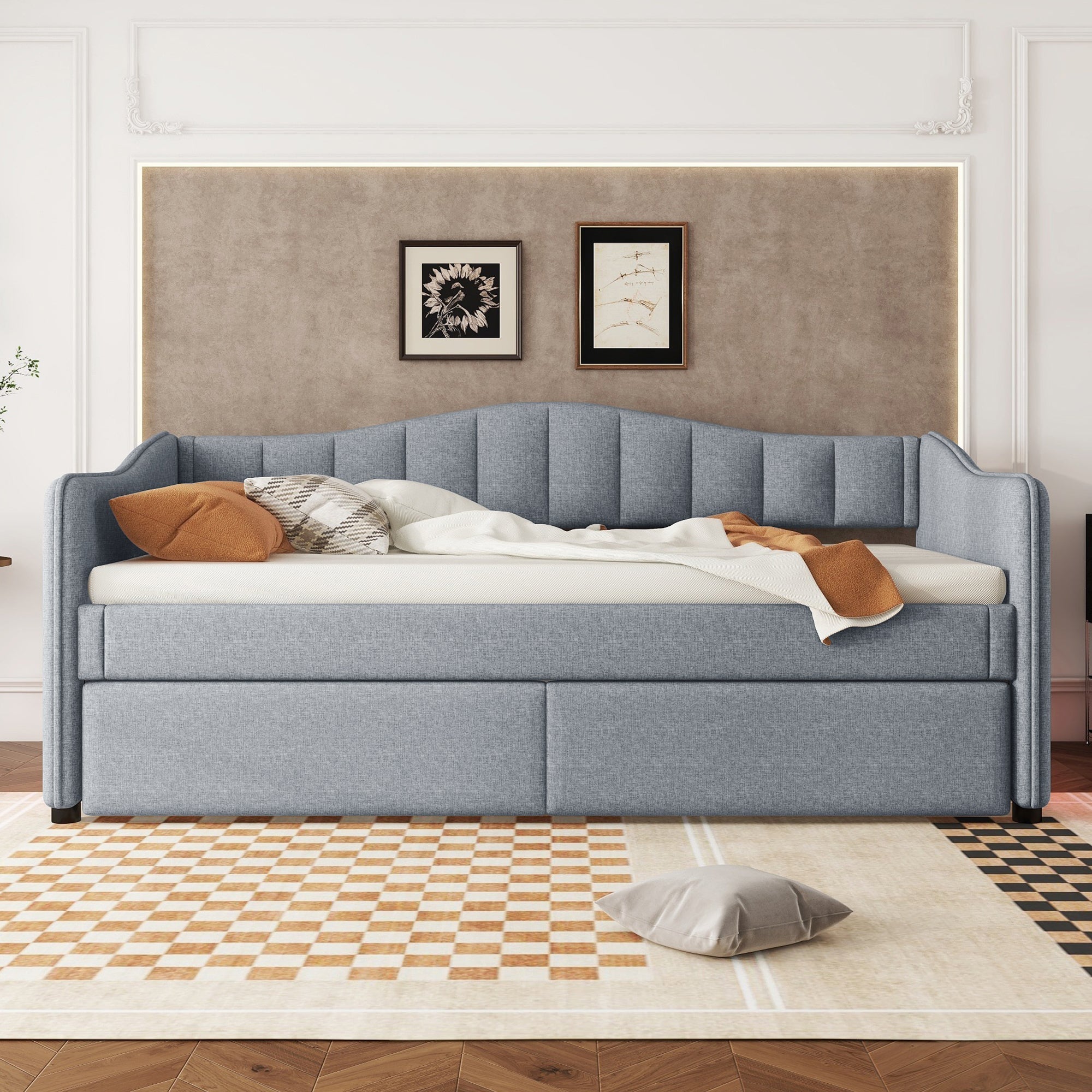 Daybed with Pull-out Bed and LED Ambient Lighting, 90x200cm, Grey Linen