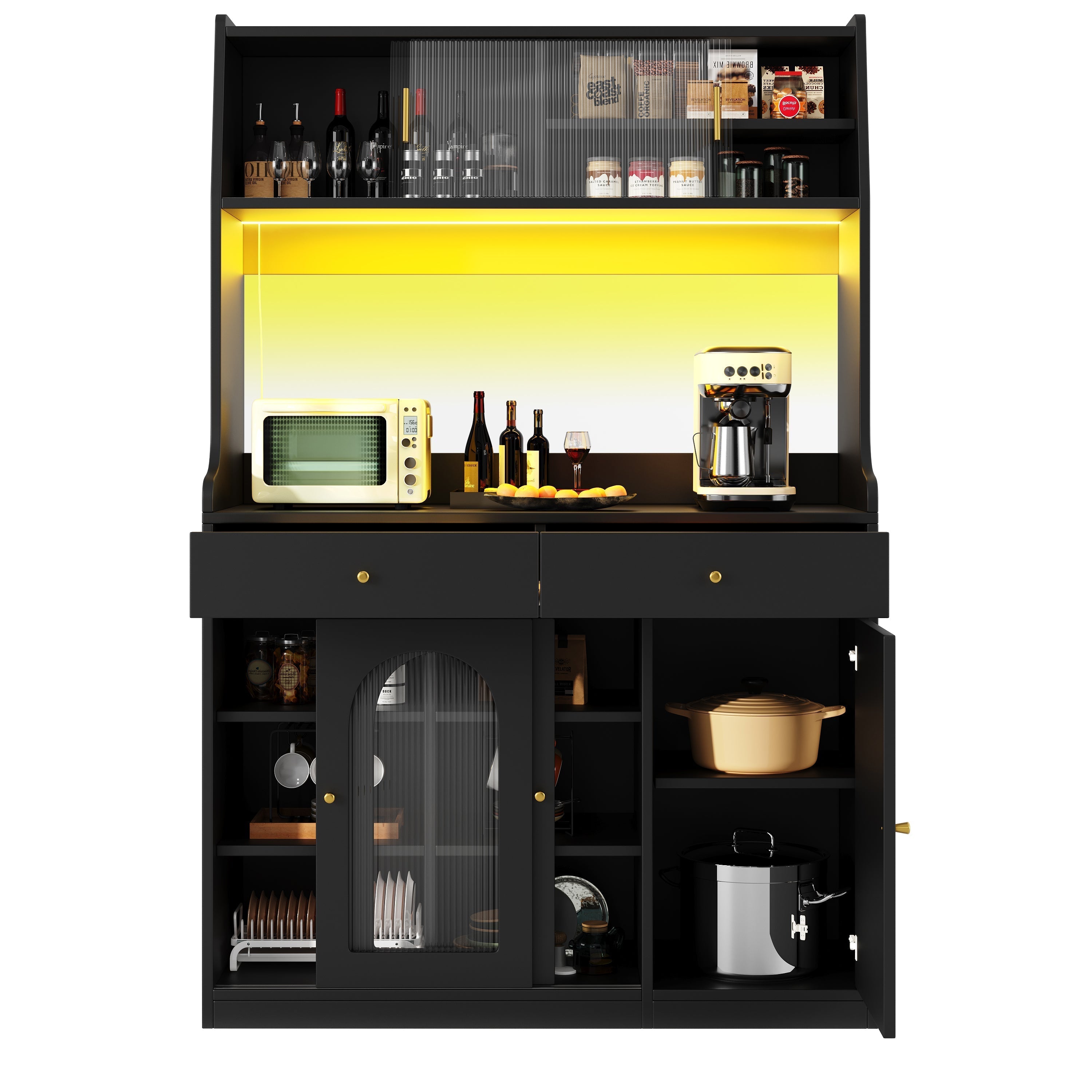 Tall Cabinet Sideboard with LED Adjustable Shelves & 2 Drawers - Black