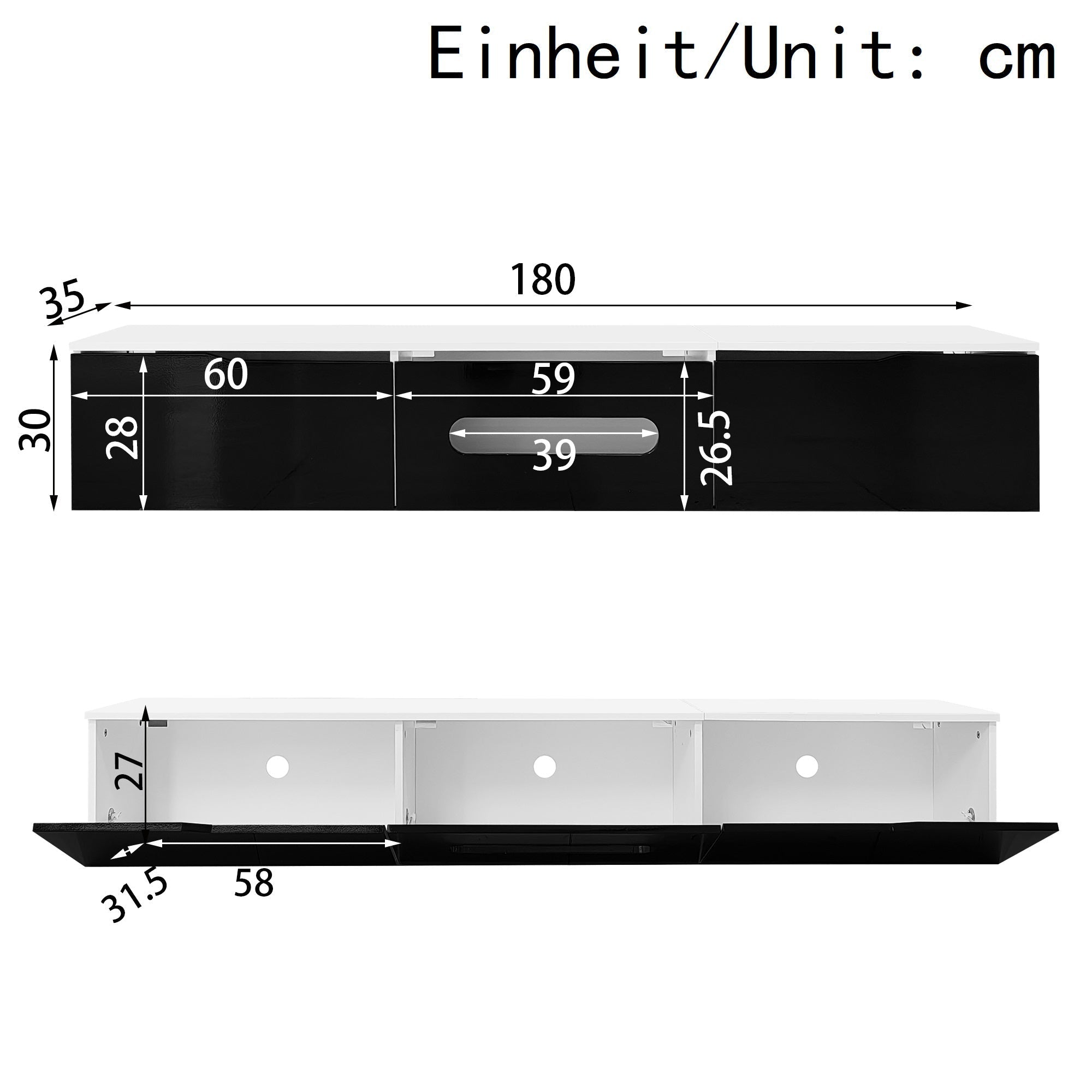 TV Cabinet 180cm LED Wall-Mountable High-Gloss Black and White