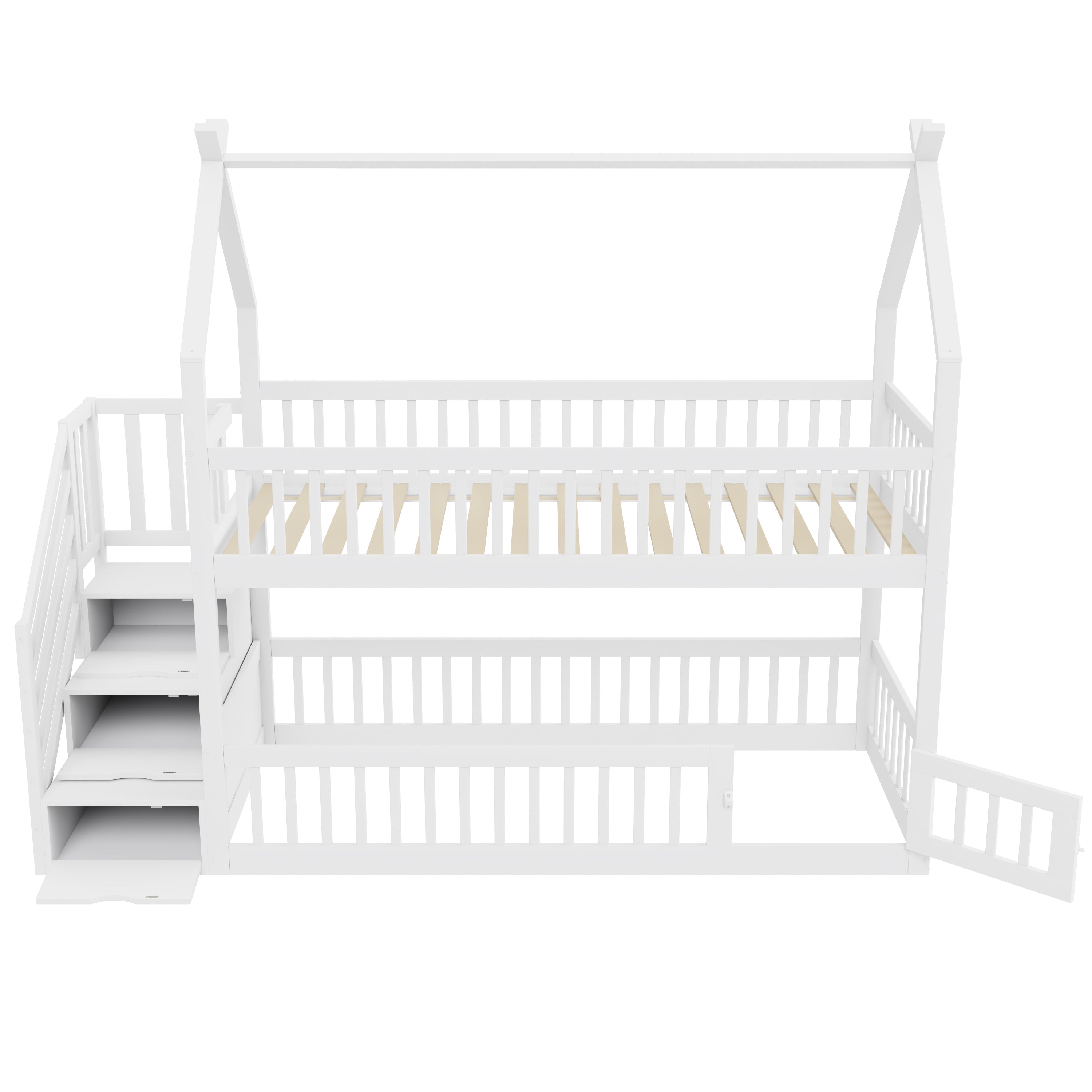 Children's Bunk Bed, 90x200, with Roof, Safety Ladder & Storage Drawers, Solid Wood White