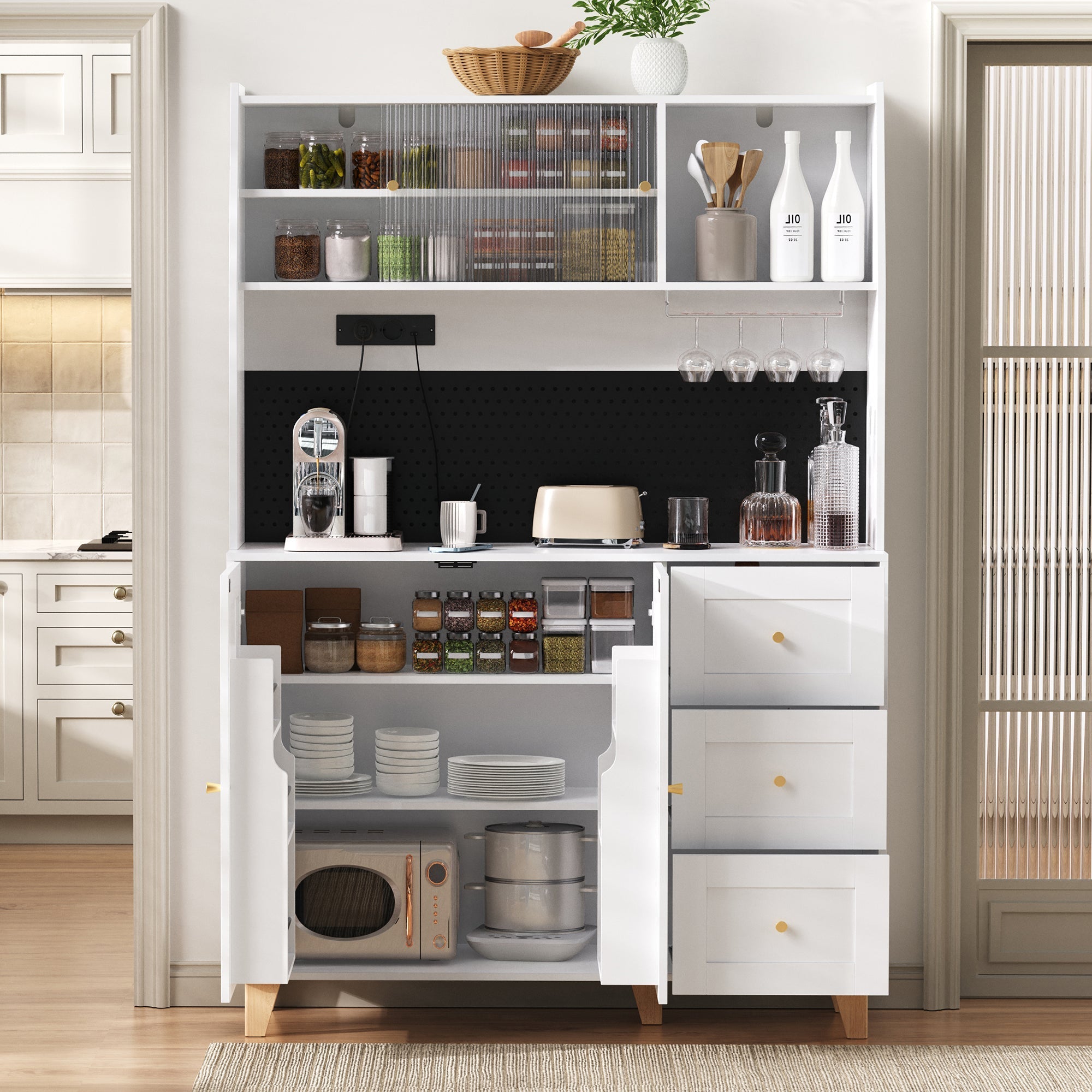 Tall Cabinet Pegboard Wine Glass Holders Sockets Storage Drawers - White