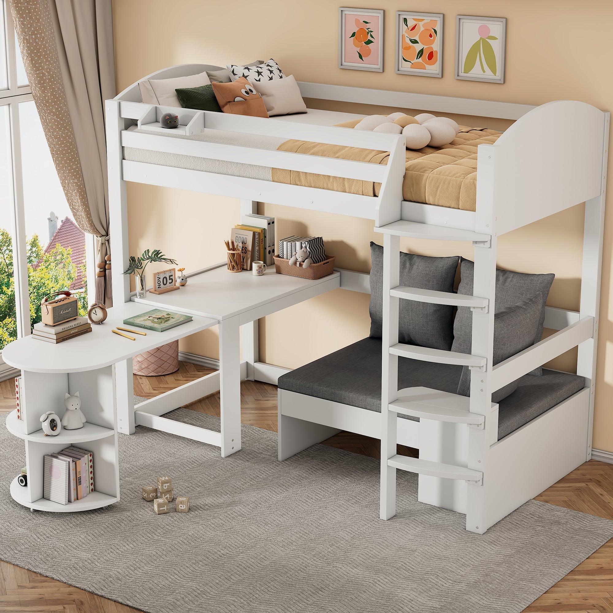 Multifunctional Children's Bunk Bed with Pull-out Table, Sofa with Storage and Three Cushions, 90x200cm, White Solid Wood