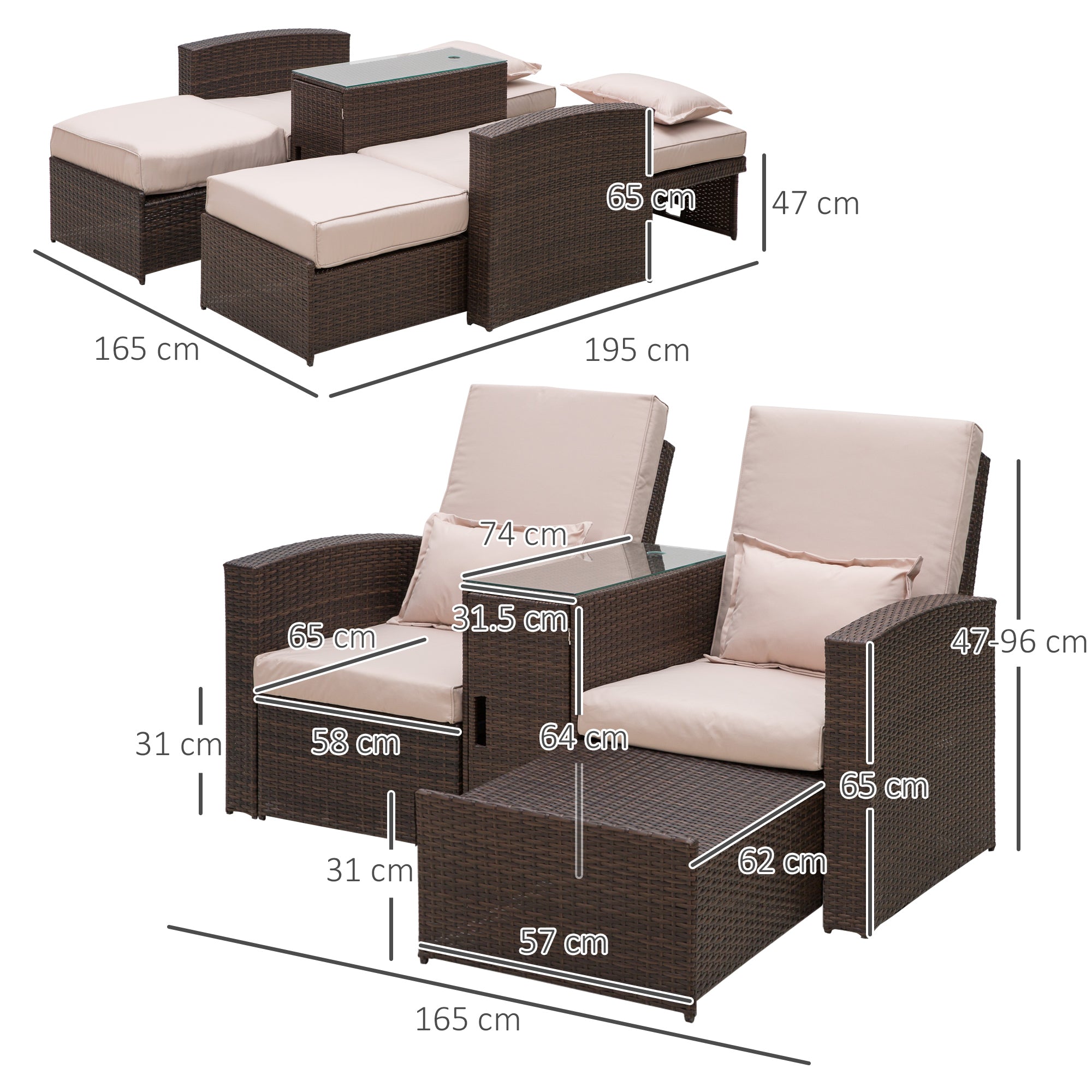 2-Seater Sofa Lounger Set, Rattan, Brown