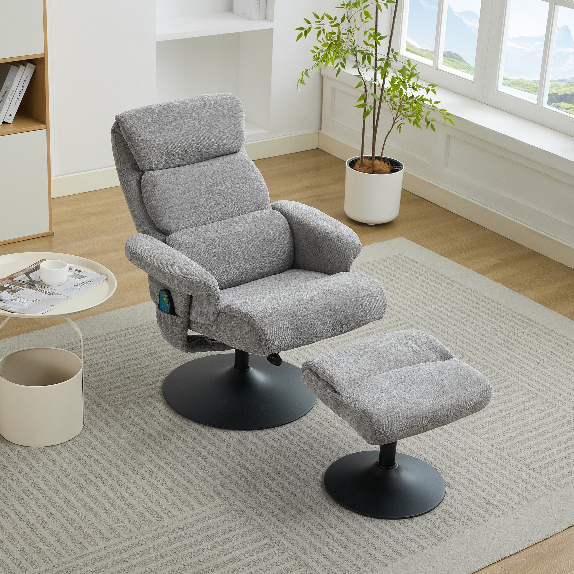 023 Recliner Chair, 5-Point Massage, Heated, 360° Swivel, Chenille Fabric Grey