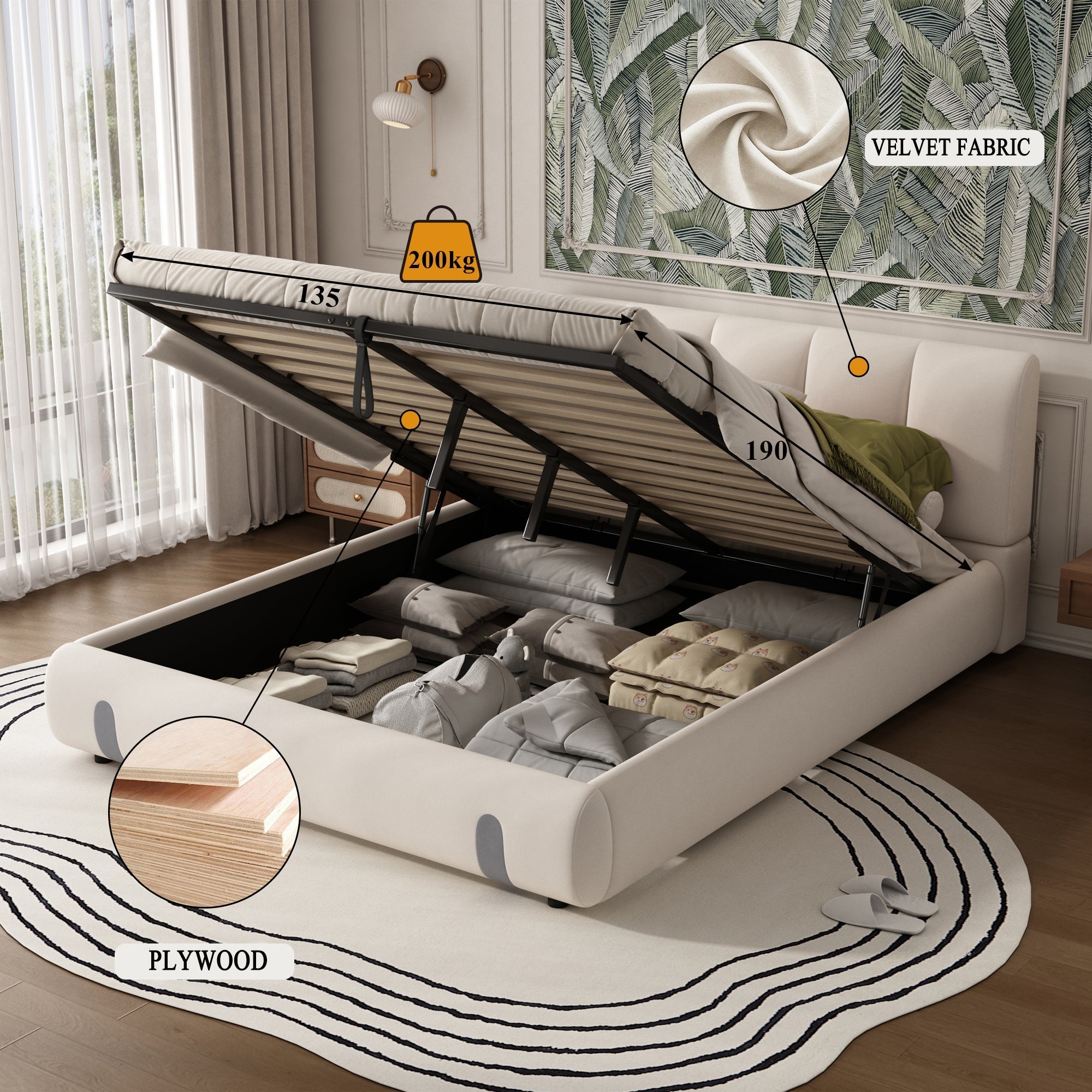 Upholstered Hydraulic Bed for Adults and Teenagers with Under-Bed Storage and Soft Headboard, White Velvet