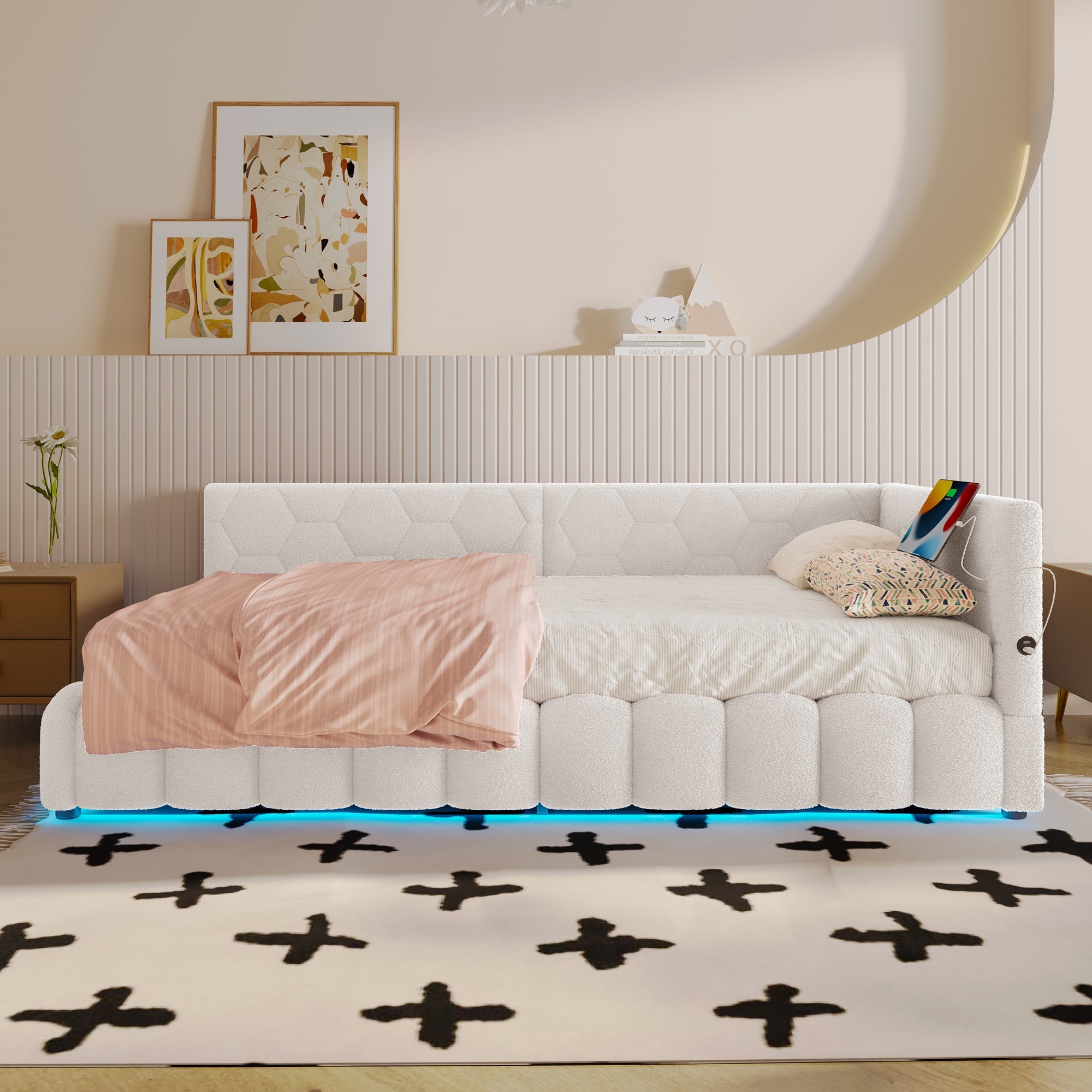 Daybed Sofa Bed 90x200cm Hydraulic Storage LED USB/Type-C - Imitation Fleece White