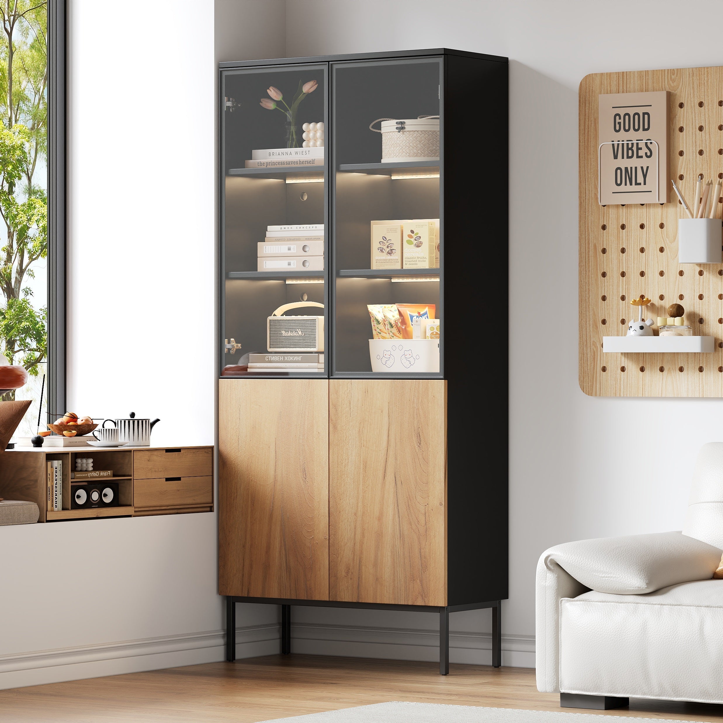 Glass-fronted Display Cabinet 180cm 5-Tier LED Bookcase Black/Oak