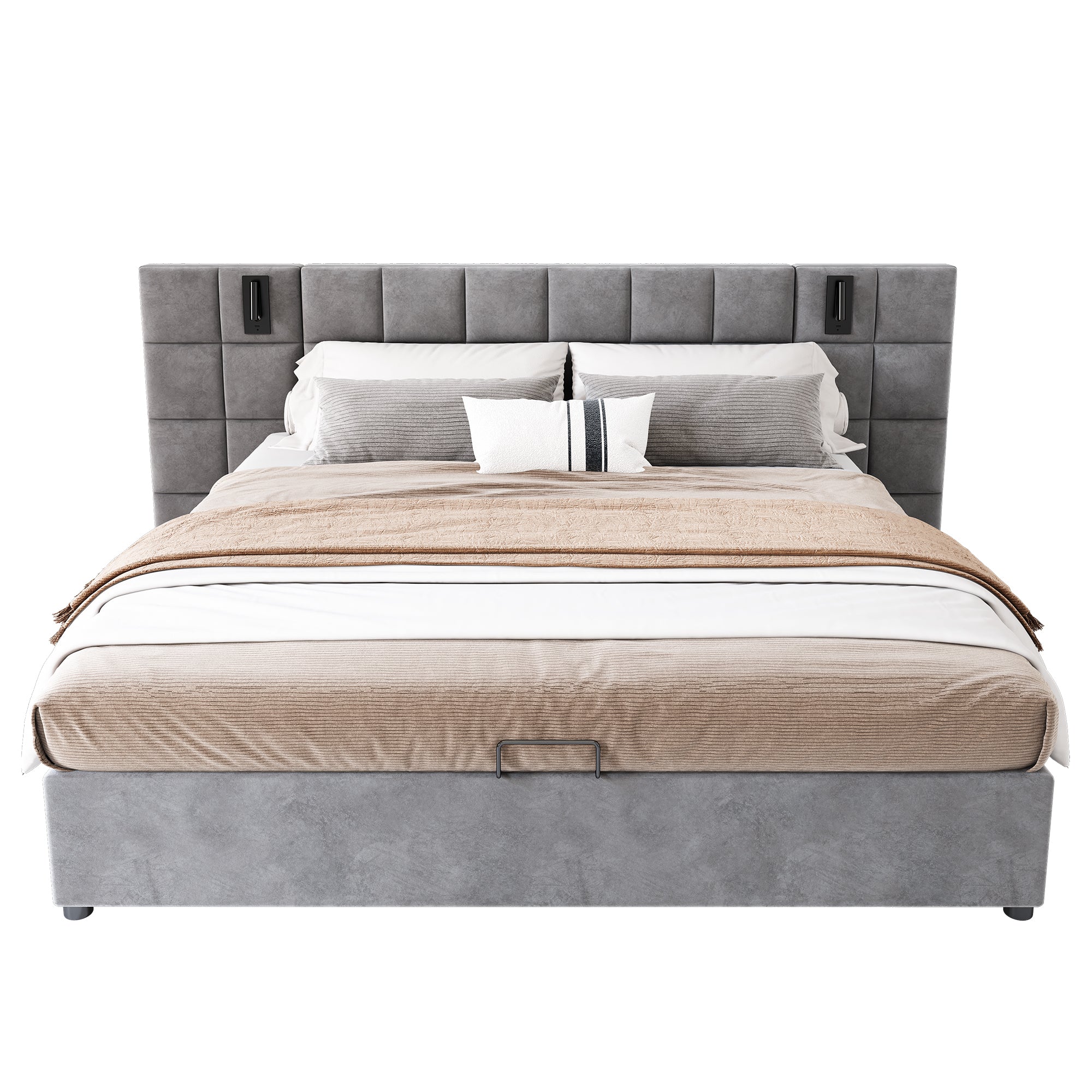 Upholstered Bed 140x200cm Hydraulic Storage USB Lamp Checkerboard - Velvet Grey