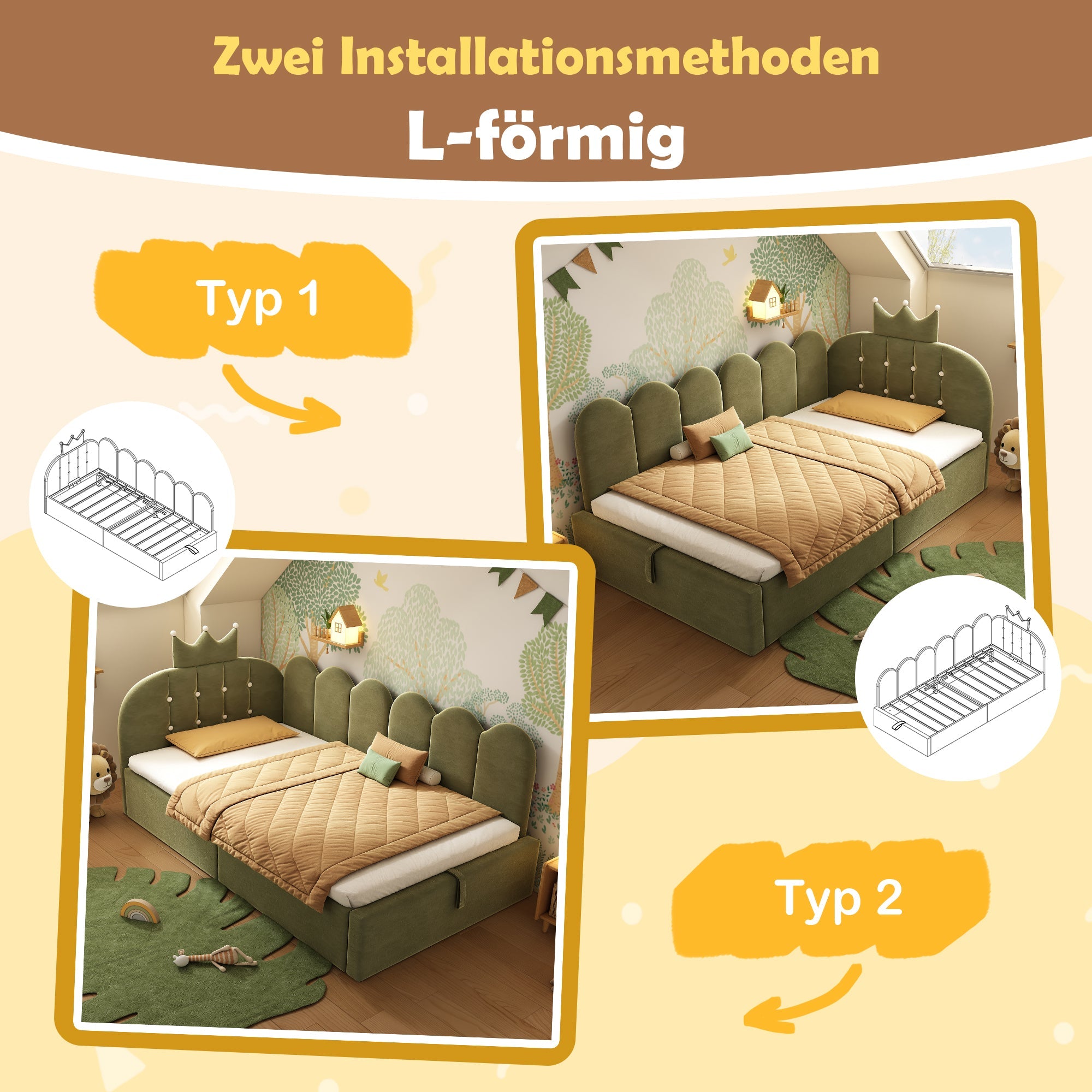 Upholstered Daybed with Hydraulic Storage and L-Shaped Crown-Lattice Design, 90x200cm, Green Velvet
