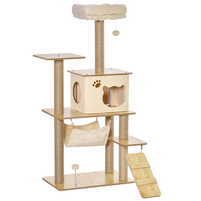Cat Tree Wood with Climbing & Cave, Jute Posts, 60x40x130cm, Yellow