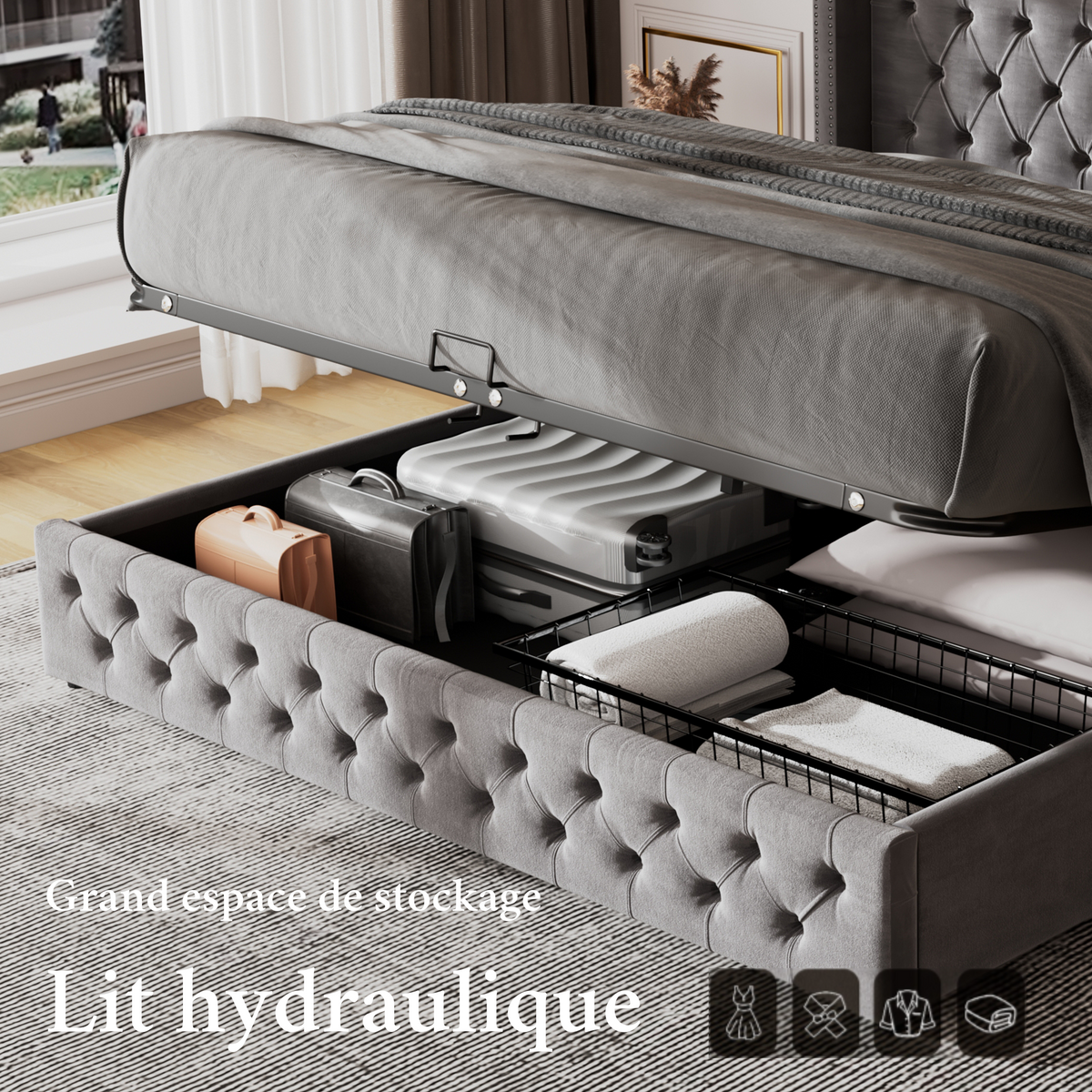 Lit Capitonné Forme Oreiller 140x190 Fonction Hydraulique Double Rivets Flanelle Gris