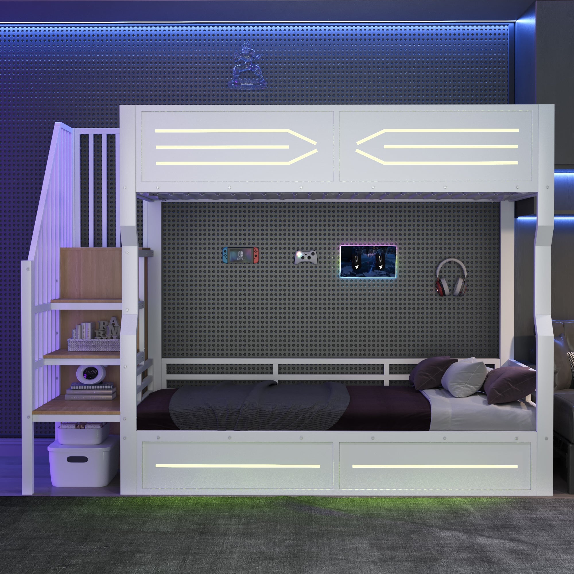 Iron Bunk Bed with Cabinet-Style Storage Stairs and LED Lighting, 90x200cm, White