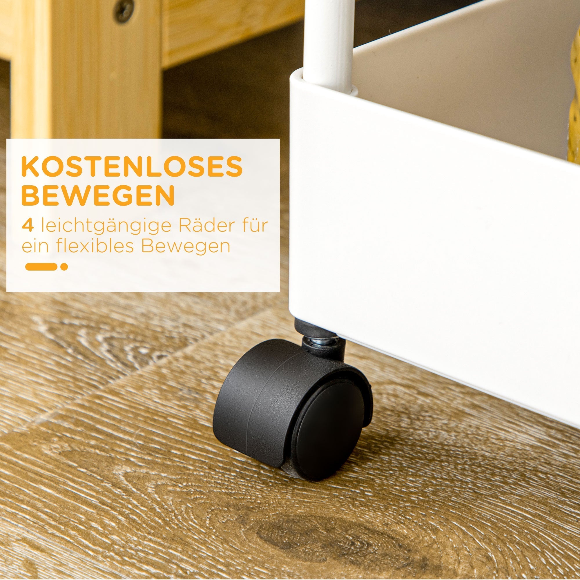 Rollregal für die Küche, 4 Ebenen mit Rollen & Bremsen, Weiß